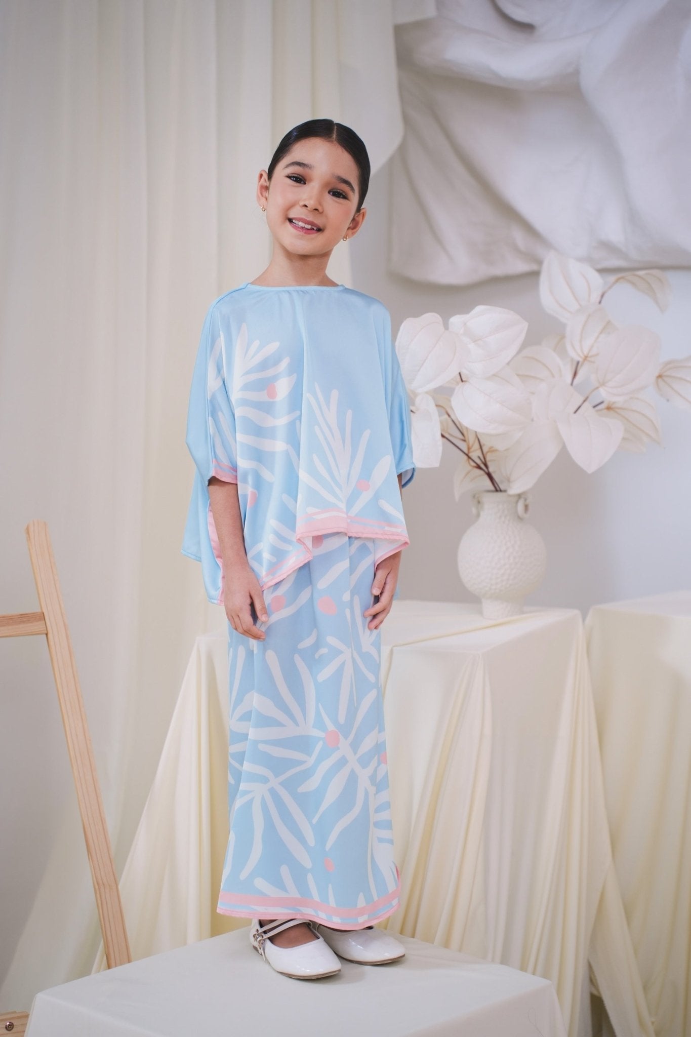 The Canvas Collection Girl Saloma Kaftan Set Baby Blue Ivy Print - Umbi