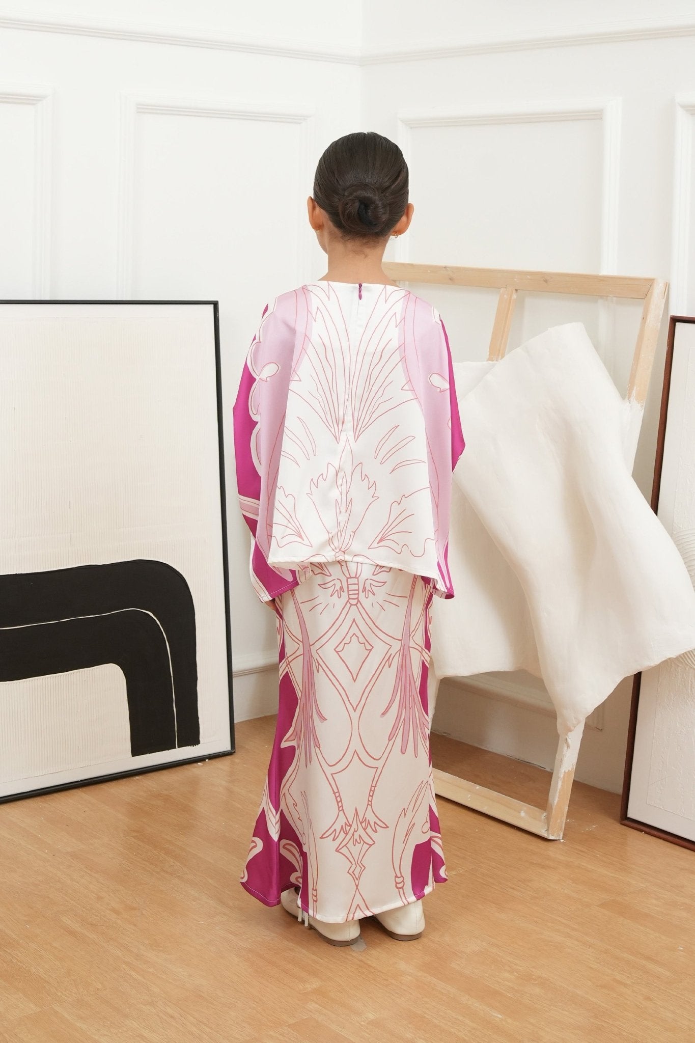 The Canvas Collection Girl Saloma Kaftan Set Barbie Pink Garden Print - Umbi