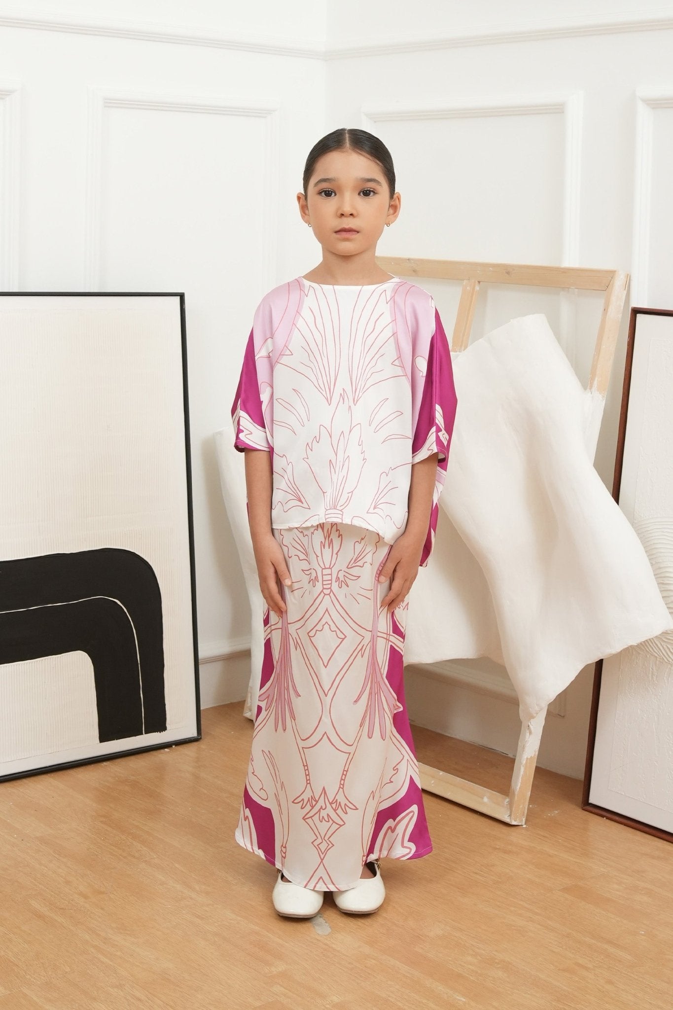 The Canvas Collection Girl Saloma Kaftan Set Barbie Pink Garden Print - Umbi