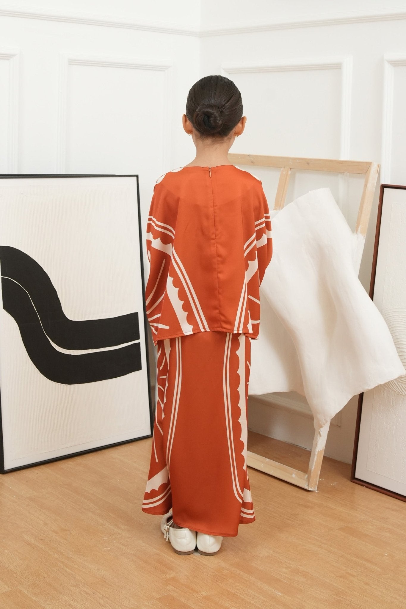 The Canvas Collection Girl Saloma Kaftan Set Burnt Orange Matahari Print - Umbi