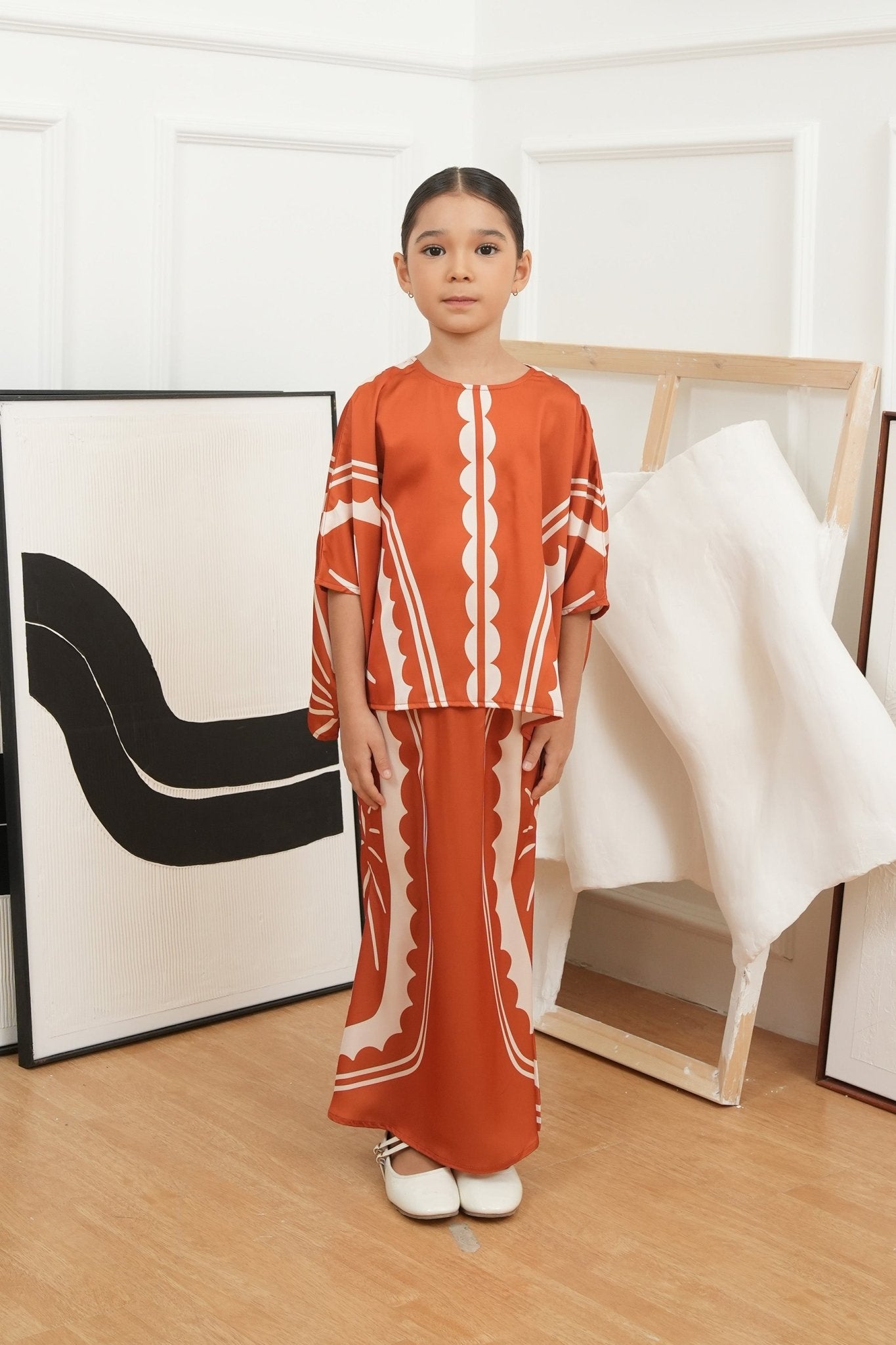 The Canvas Collection Girl Saloma Kaftan Set Burnt Orange Matahari Print - Umbi