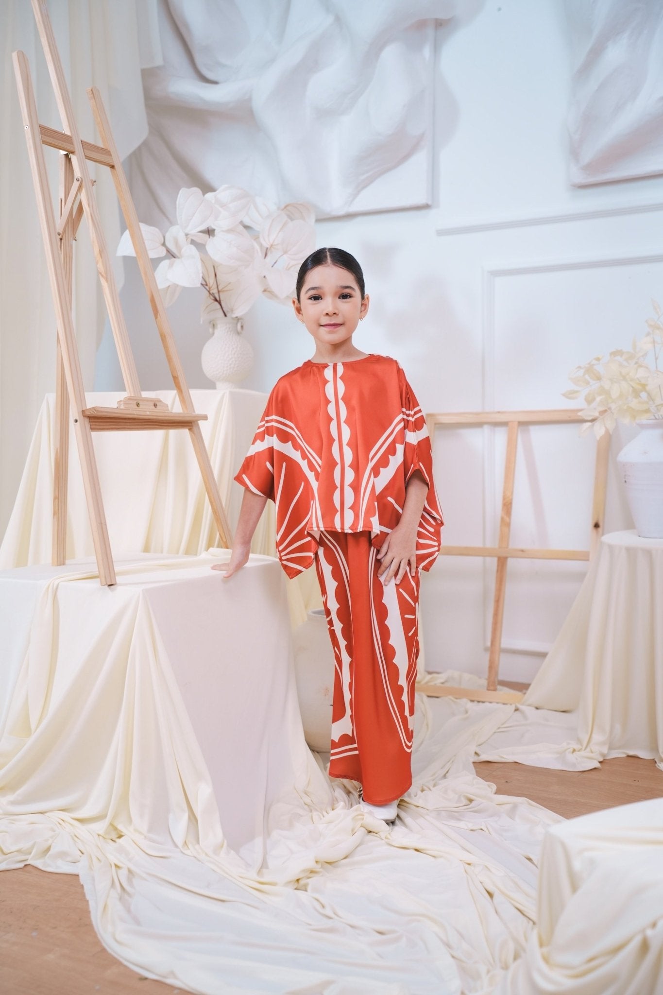 The Canvas Collection Girl Saloma Kaftan Set Burnt Orange Matahari Print - Umbi