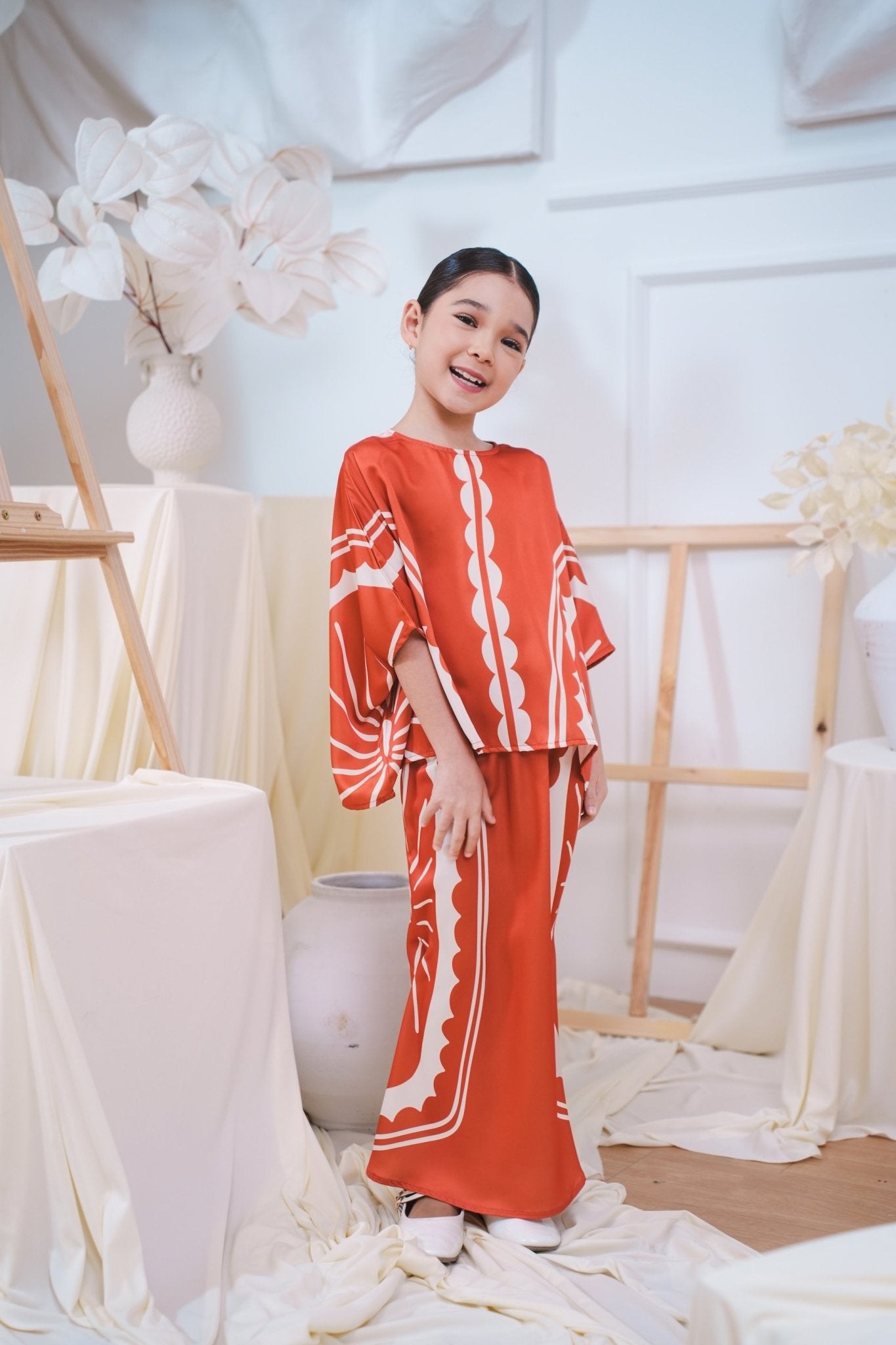 The Canvas Collection Girl Saloma Kaftan Set Burnt Orange Matahari Print - Umbi