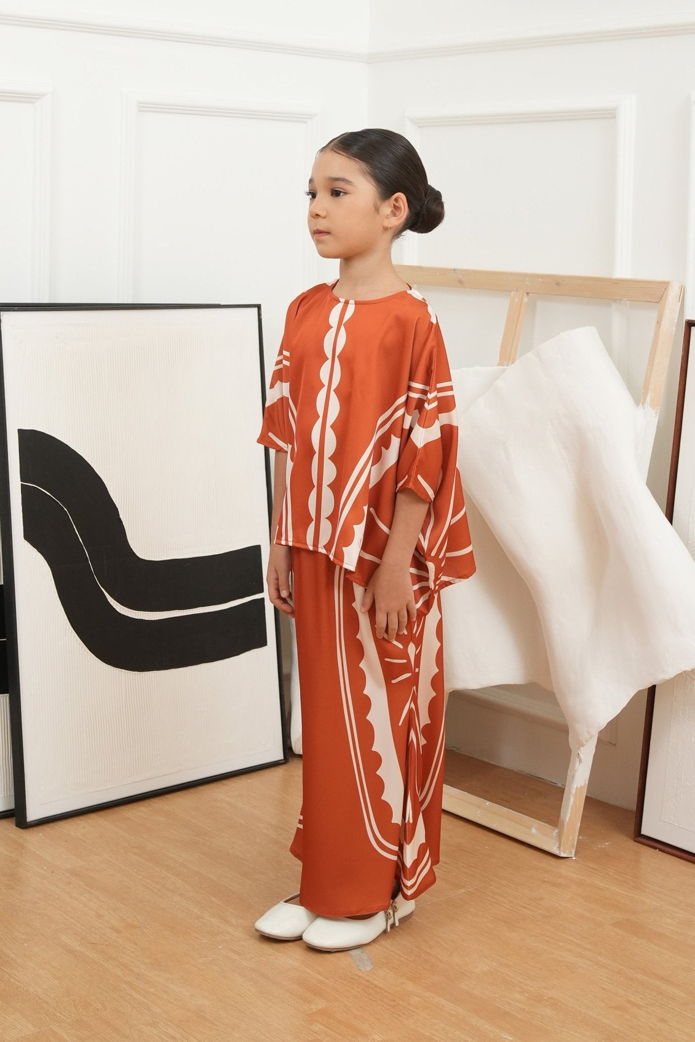 The Canvas Collection Girl Saloma Kaftan Set Burnt Orange Matahari Print - Umbi