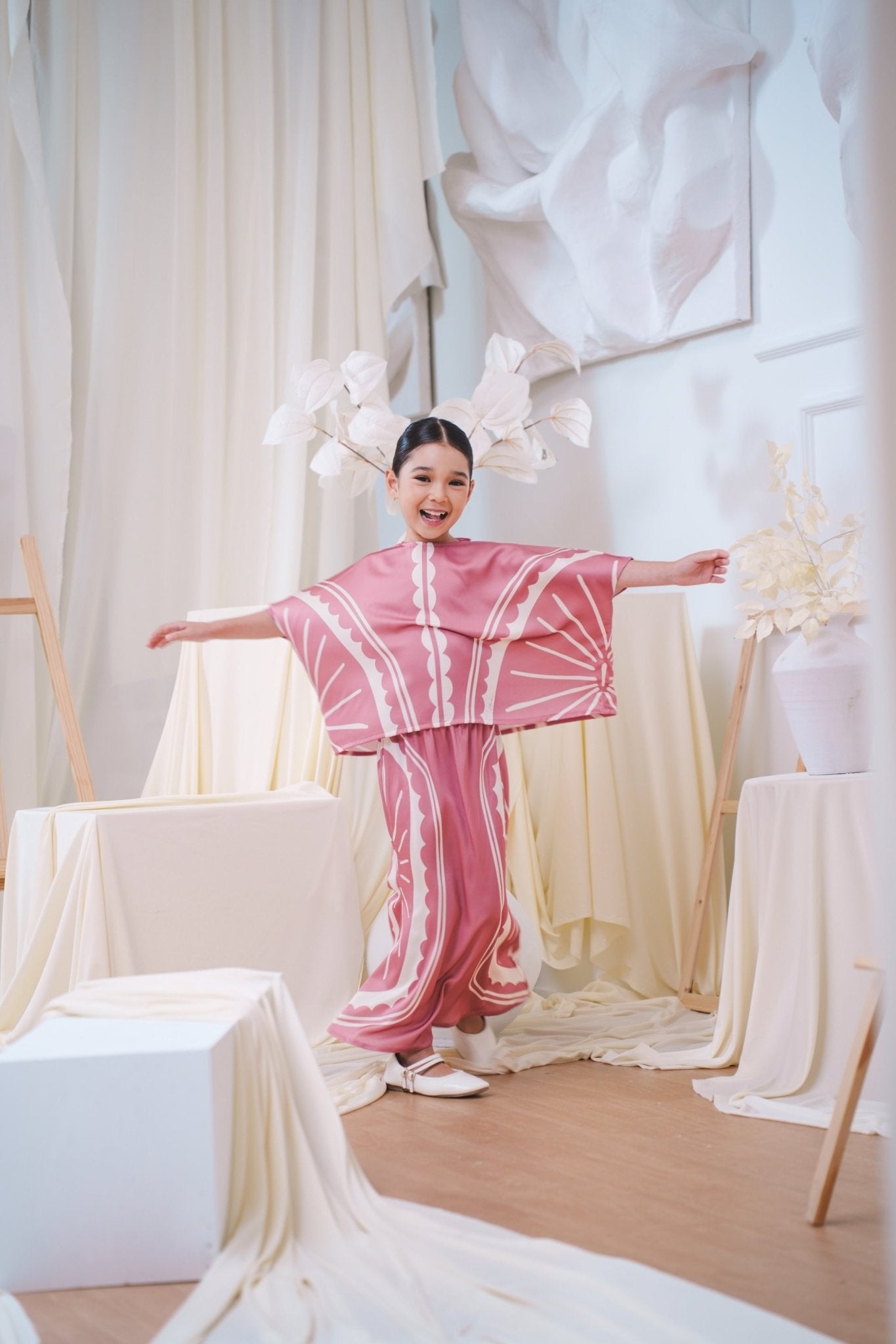 The Canvas Collection Girl Saloma Kaftan Set Warm Pink Matahari Print - Umbi