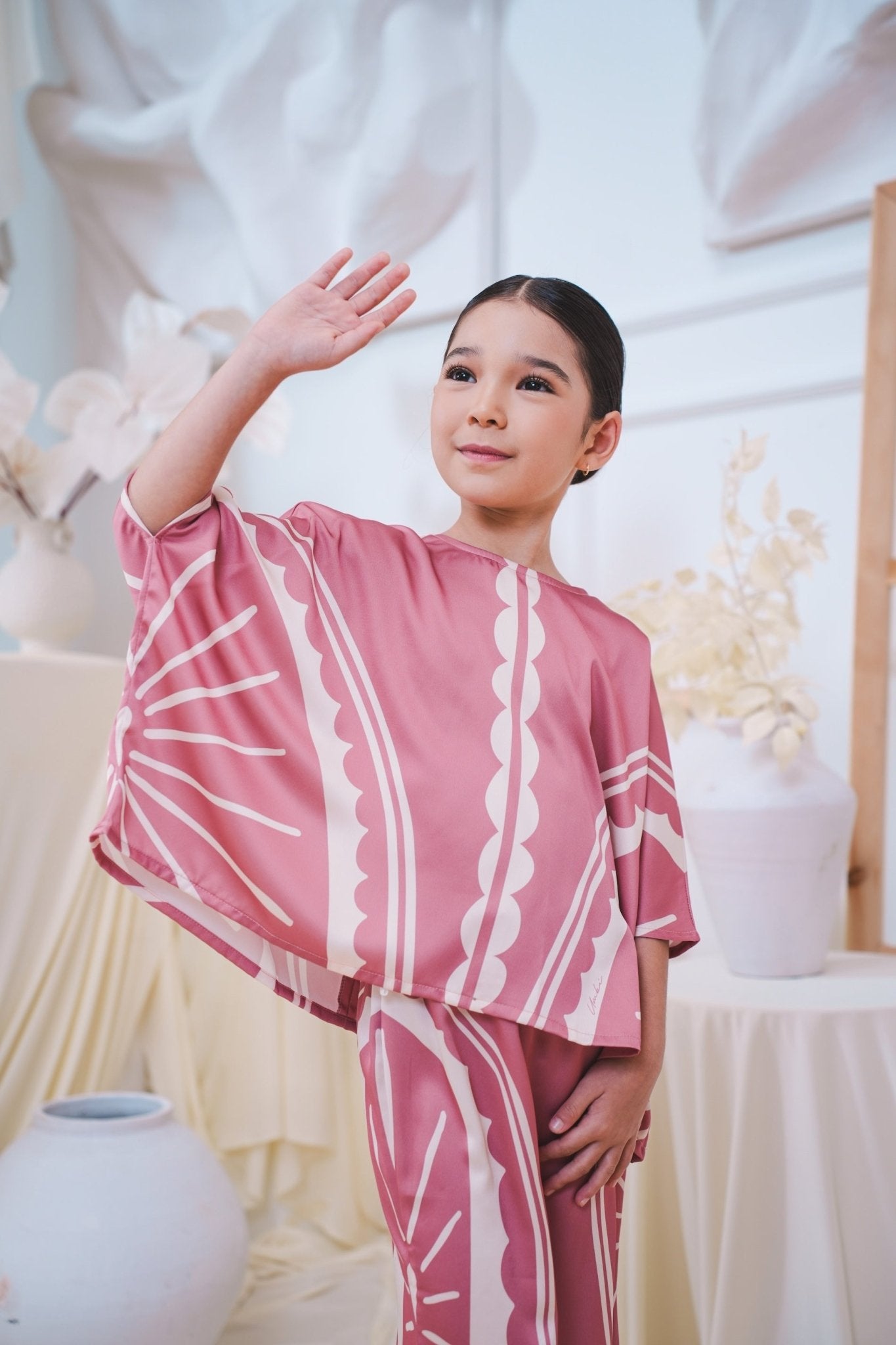 The Canvas Collection Girl Saloma Kaftan Set Warm Pink Matahari Print - Umbi