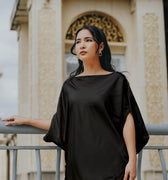 The City Breeze Pt.2 Women Asymmetrical Short Sleeves Satin Blouse Black - Umbi