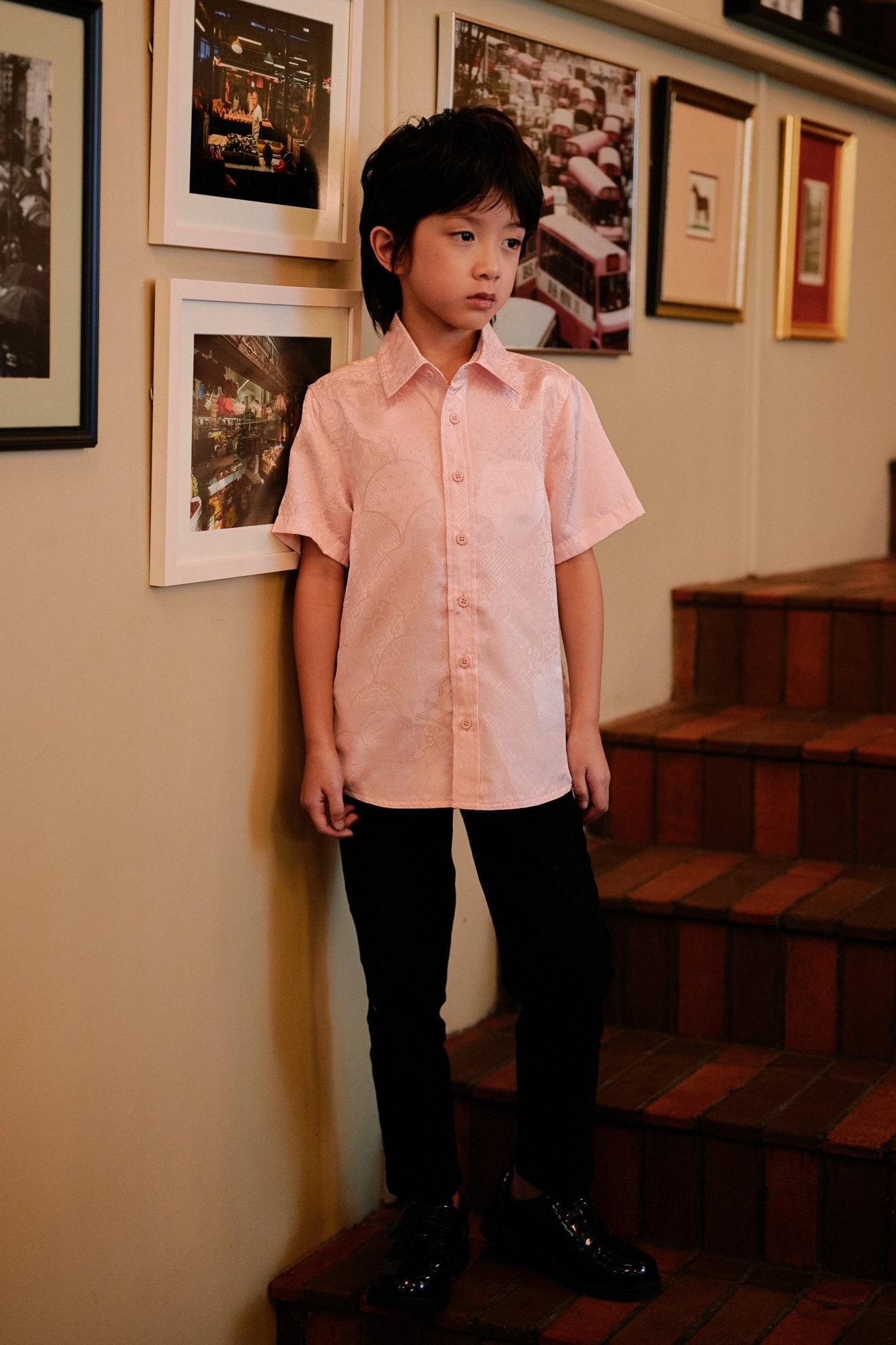 The Huā Collection Boy Holiday Shirt in 韵 Cadence Jacquard Pink - Umbi