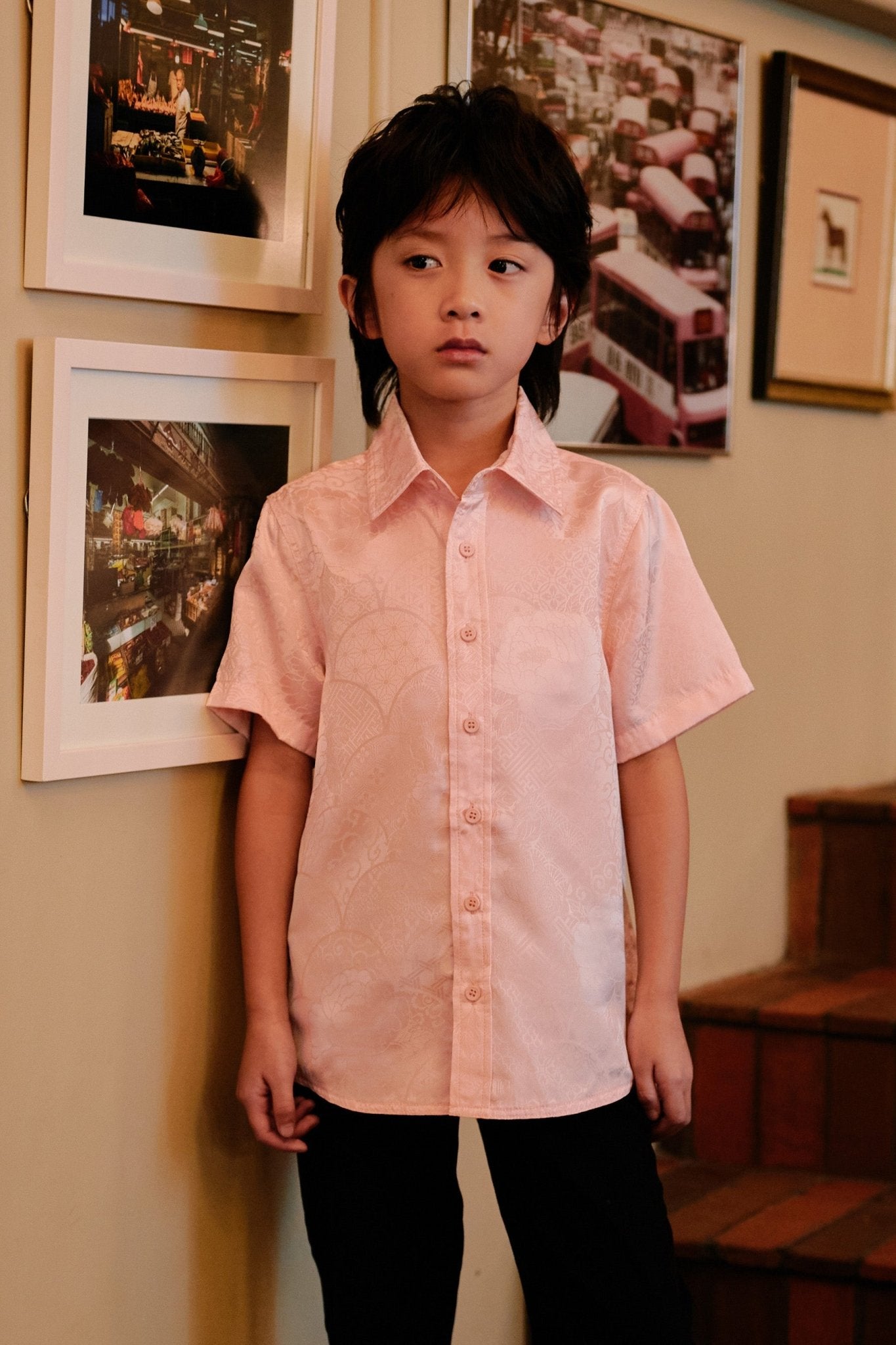 The Huā Collection Boy Holiday Shirt in 韵 Cadence Jacquard Pink - Umbi
