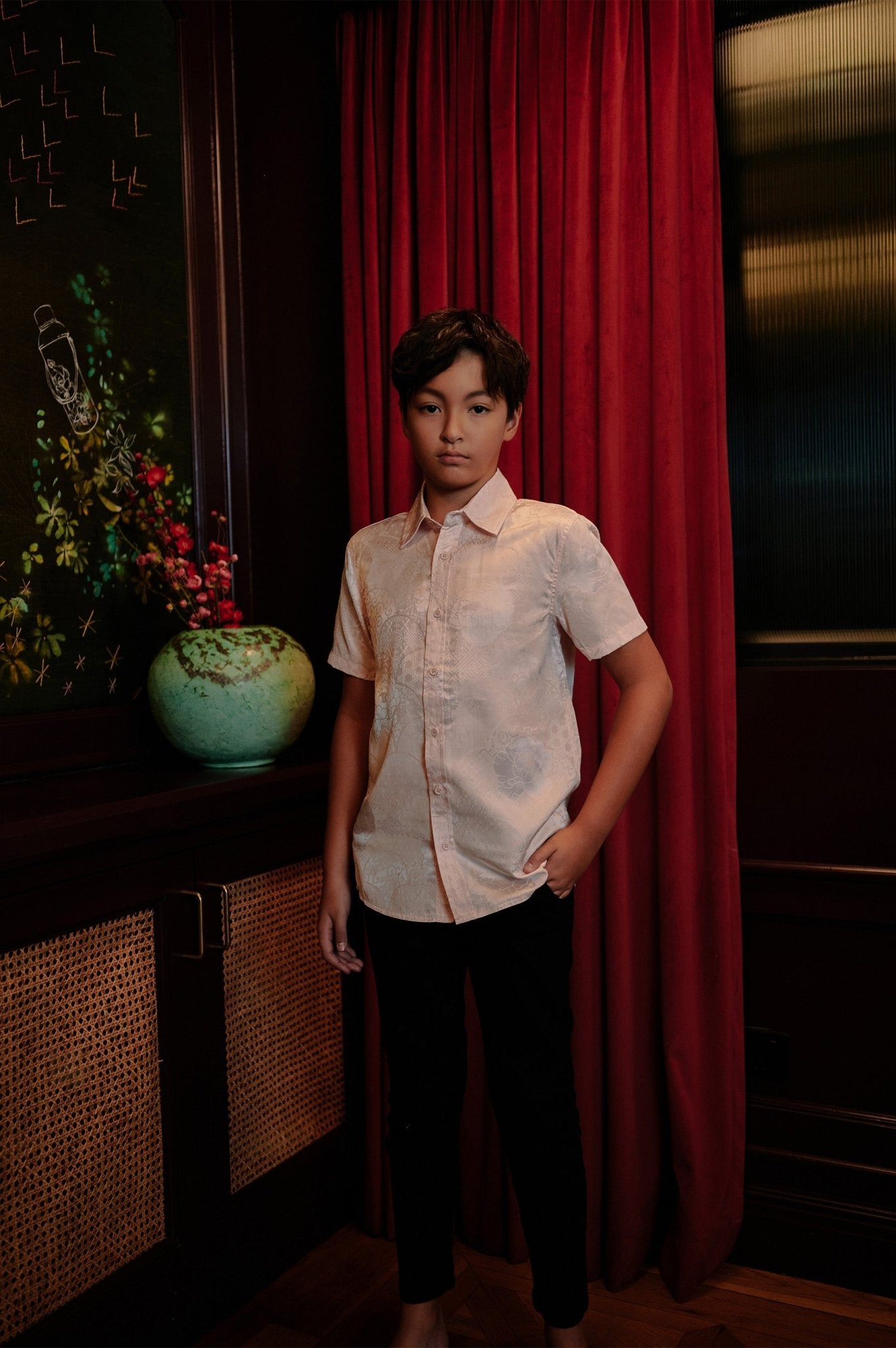 The Huā Collection Boy Holiday Shirt in 韵 Cadence Jacquard Pink - Umbi