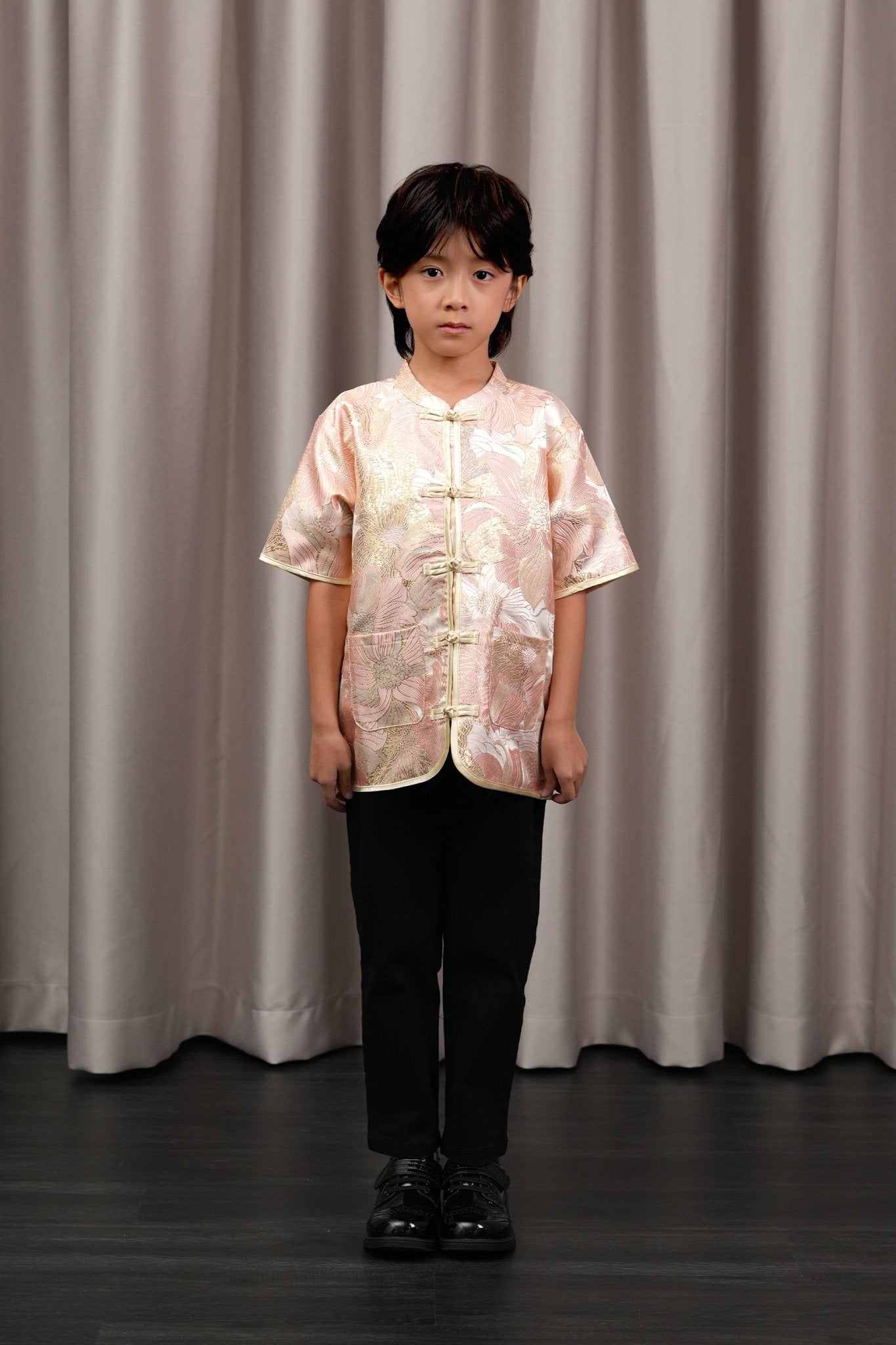 The Huā Collection Boy Short Sleeves Samfu in 蕊 Blossom Jacquard Gold - Umbi
