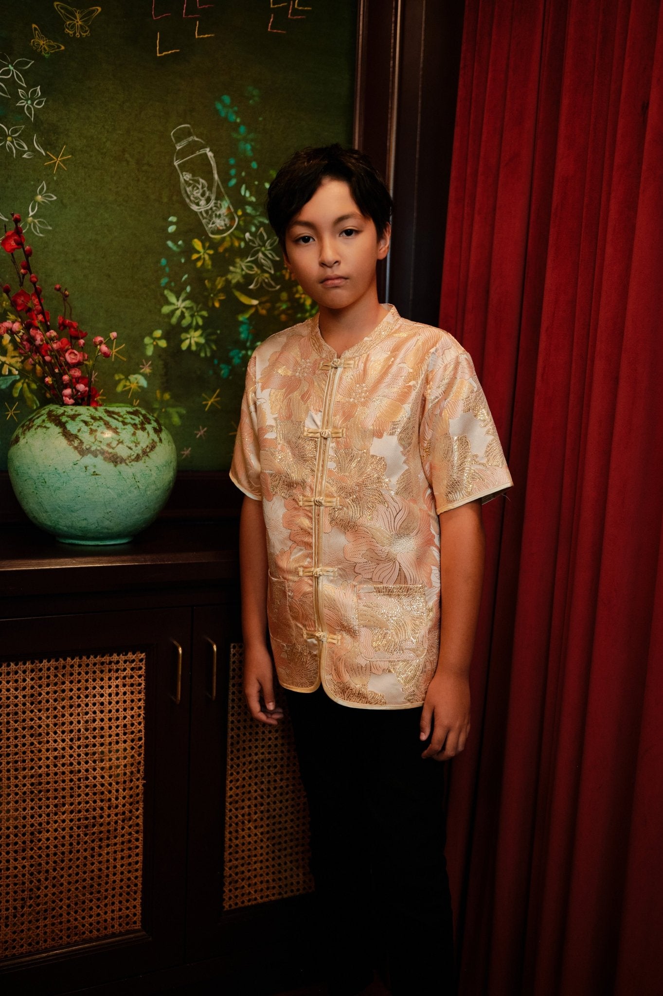 The Huā Collection Boy Short Sleeves Samfu in 蕊 Blossom Jacquard Gold - Umbi