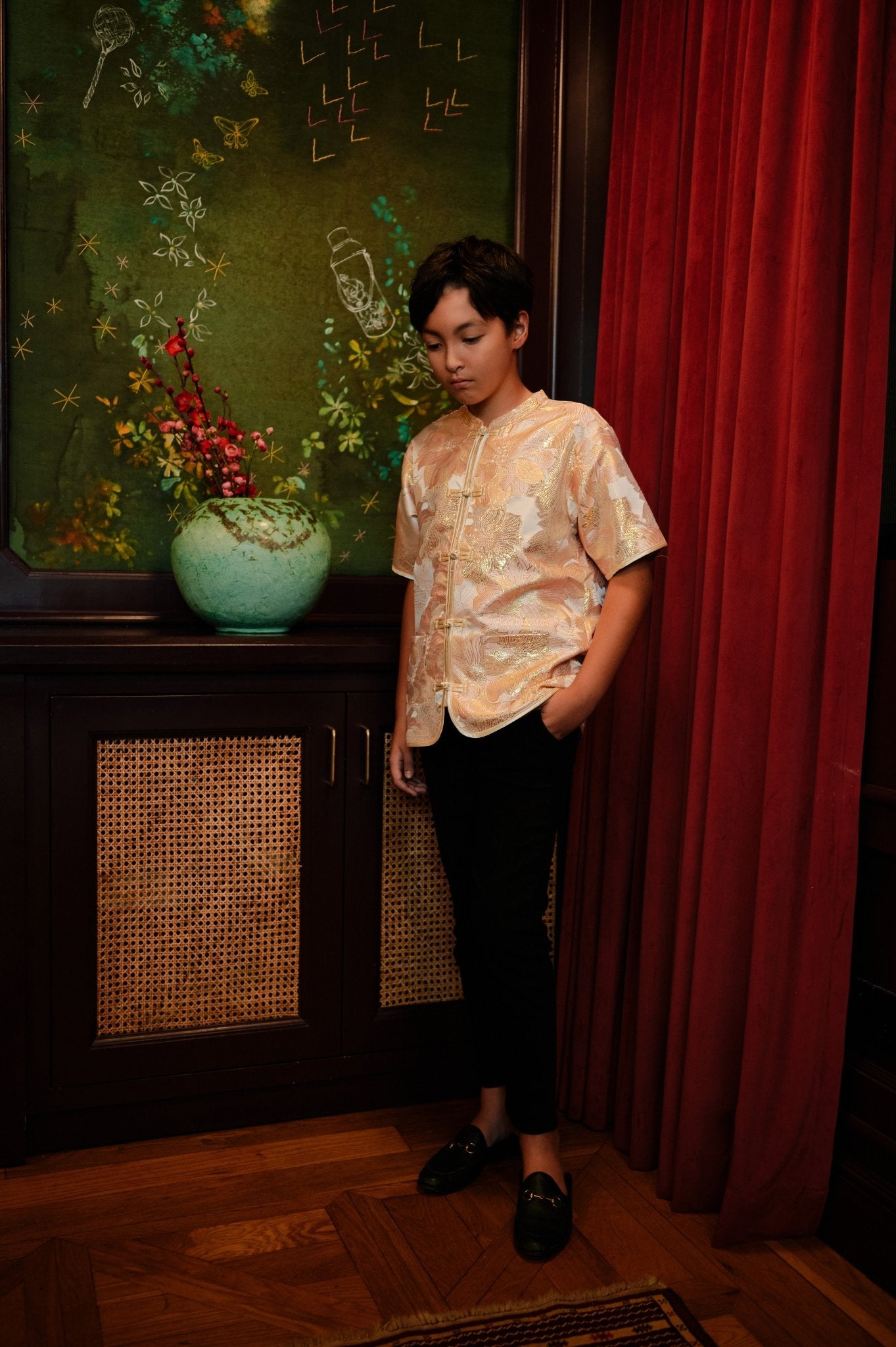 The Huā Collection Boy Short Sleeves Samfu in 蕊 Blossom Jacquard Gold - Umbi