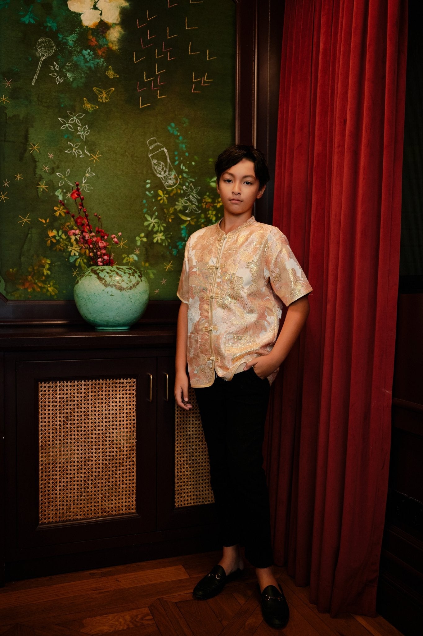 The Huā Collection Boy Short Sleeves Samfu in 蕊 Blossom Jacquard Gold - Umbi