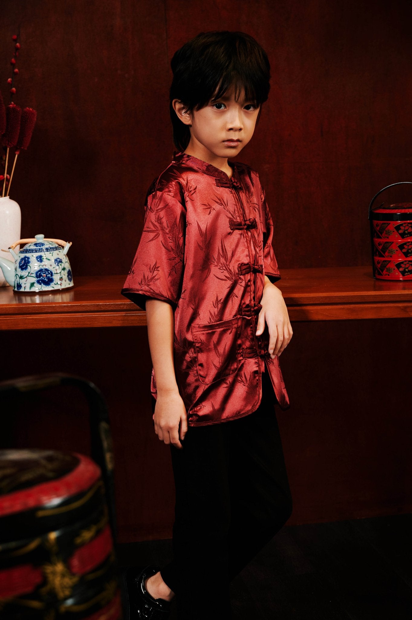 The Huā Collection Boy Short Sleeves Samfu in 韵 Cadence Bamboo Maroon - Umbi