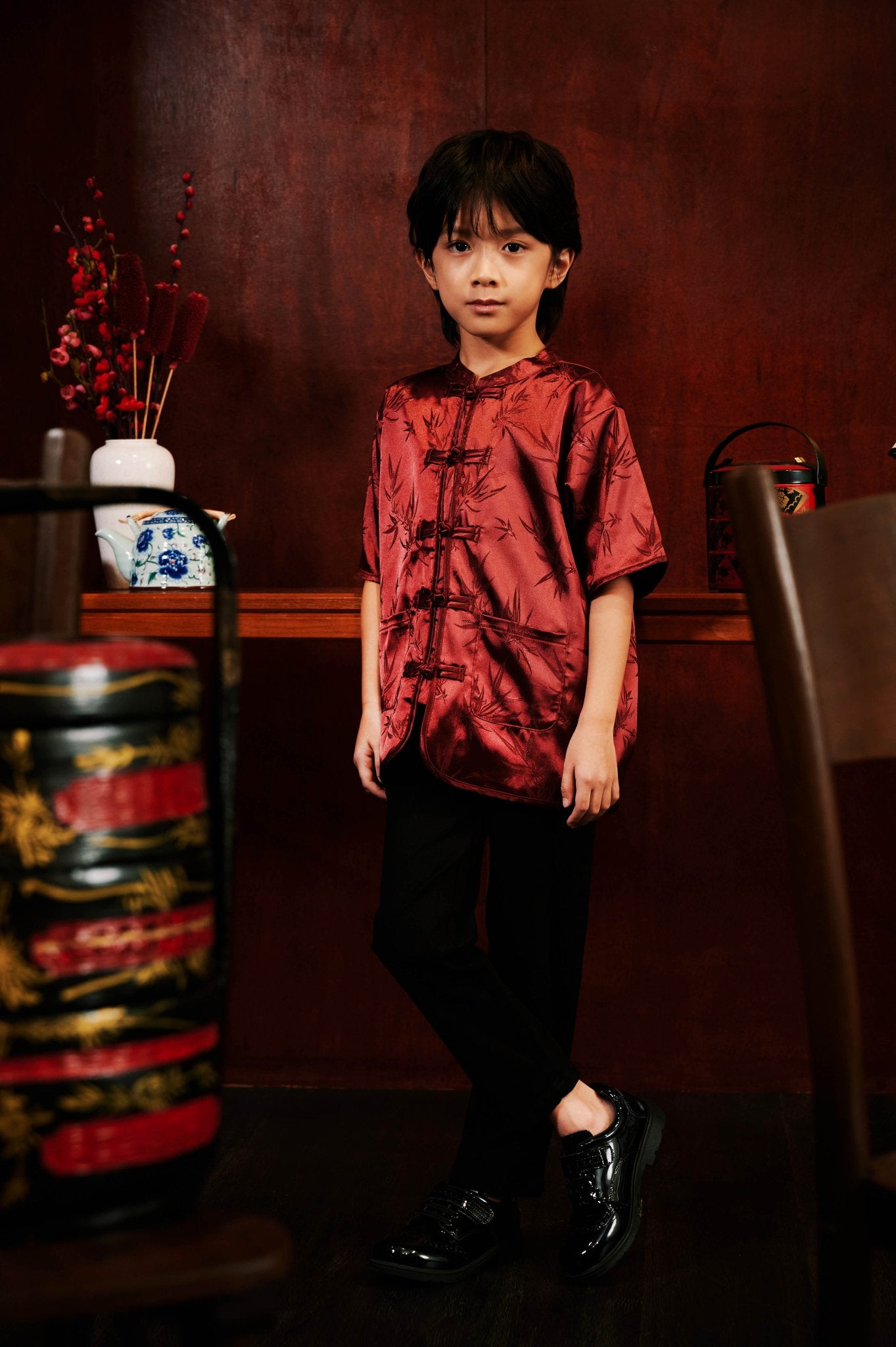 The Huā Collection Boy Short Sleeves Samfu in 韵 Cadence Bamboo Maroon - Umbi