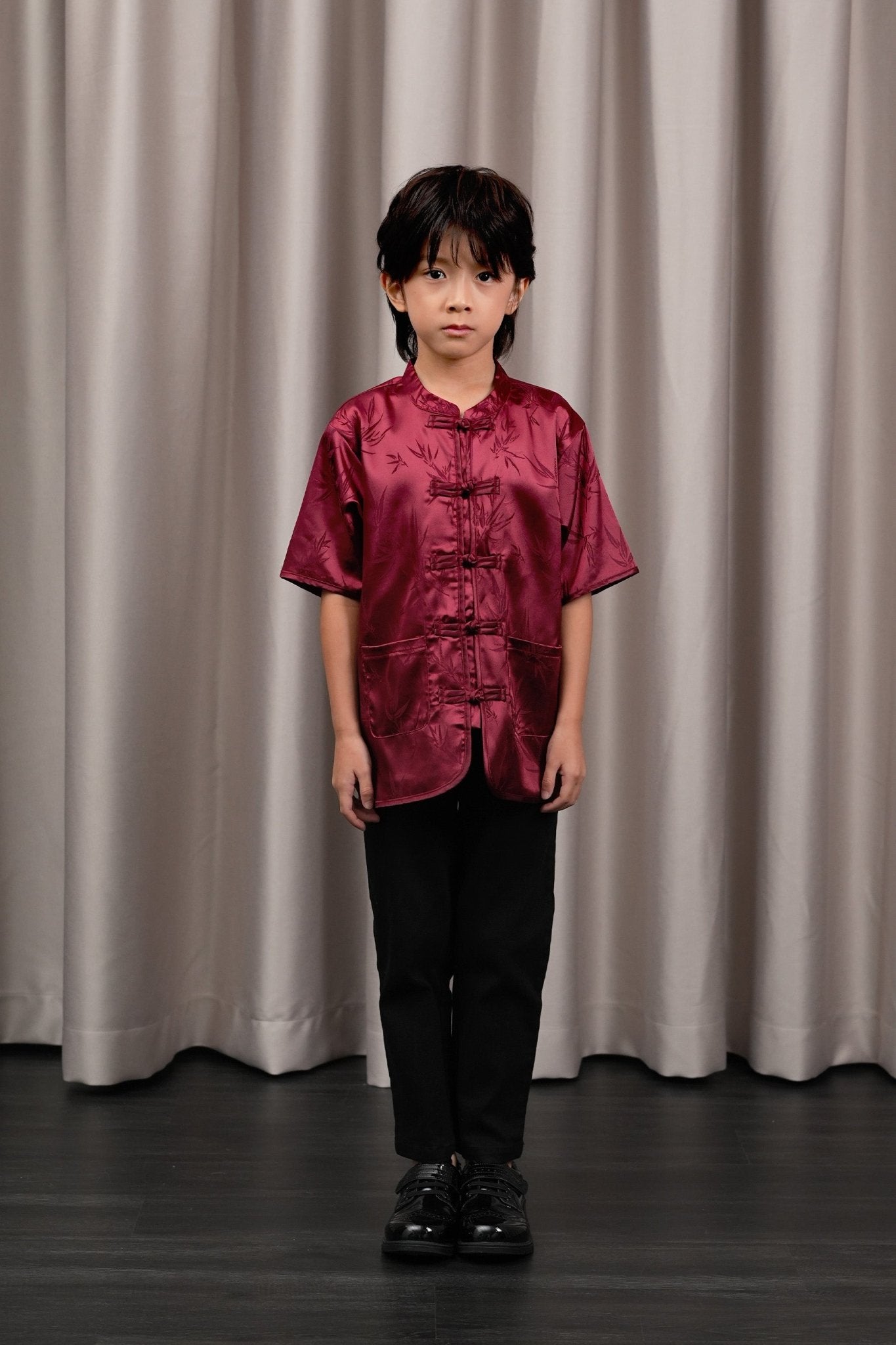 The Huā Collection Boy Short Sleeves Samfu in 韵 Cadence Bamboo Maroon - Umbi