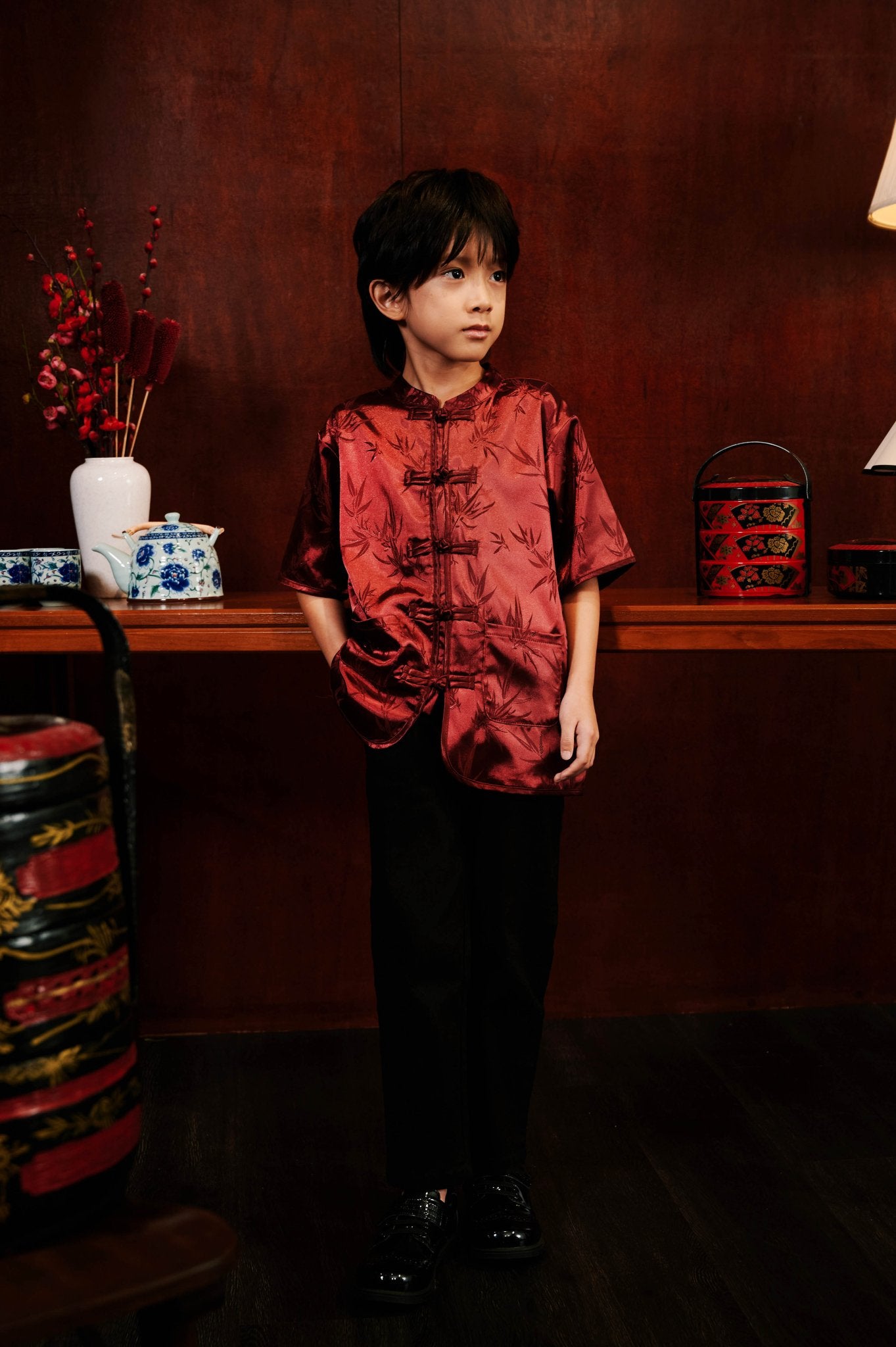 The Huā Collection Boy Short Sleeves Samfu in 韵 Cadence Bamboo Maroon - Umbi