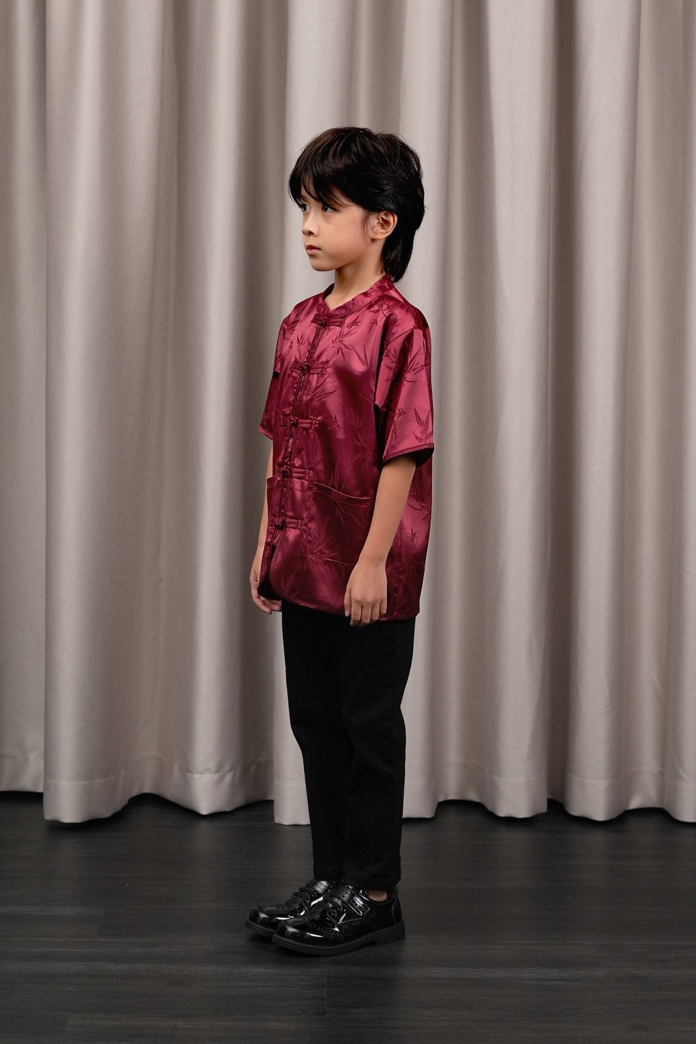 The Huā Collection Boy Short Sleeves Samfu in 韵 Cadence Bamboo Maroon - Umbi