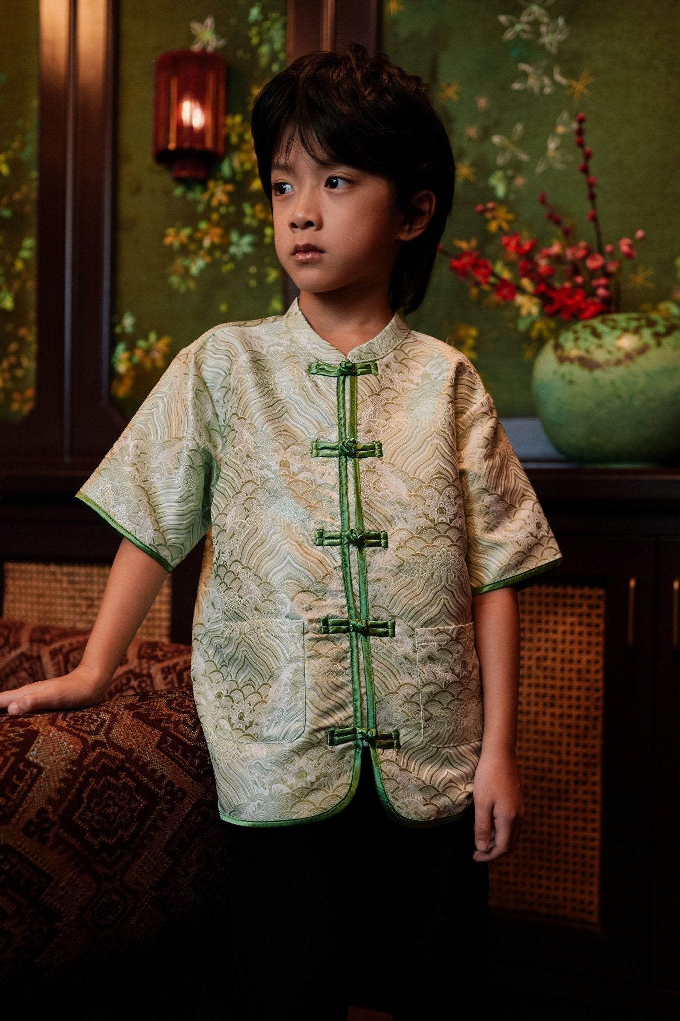 The Huā Collection Boy Short Sleeves Samfu in 韵 Cadence Jacquard Green - Umbi