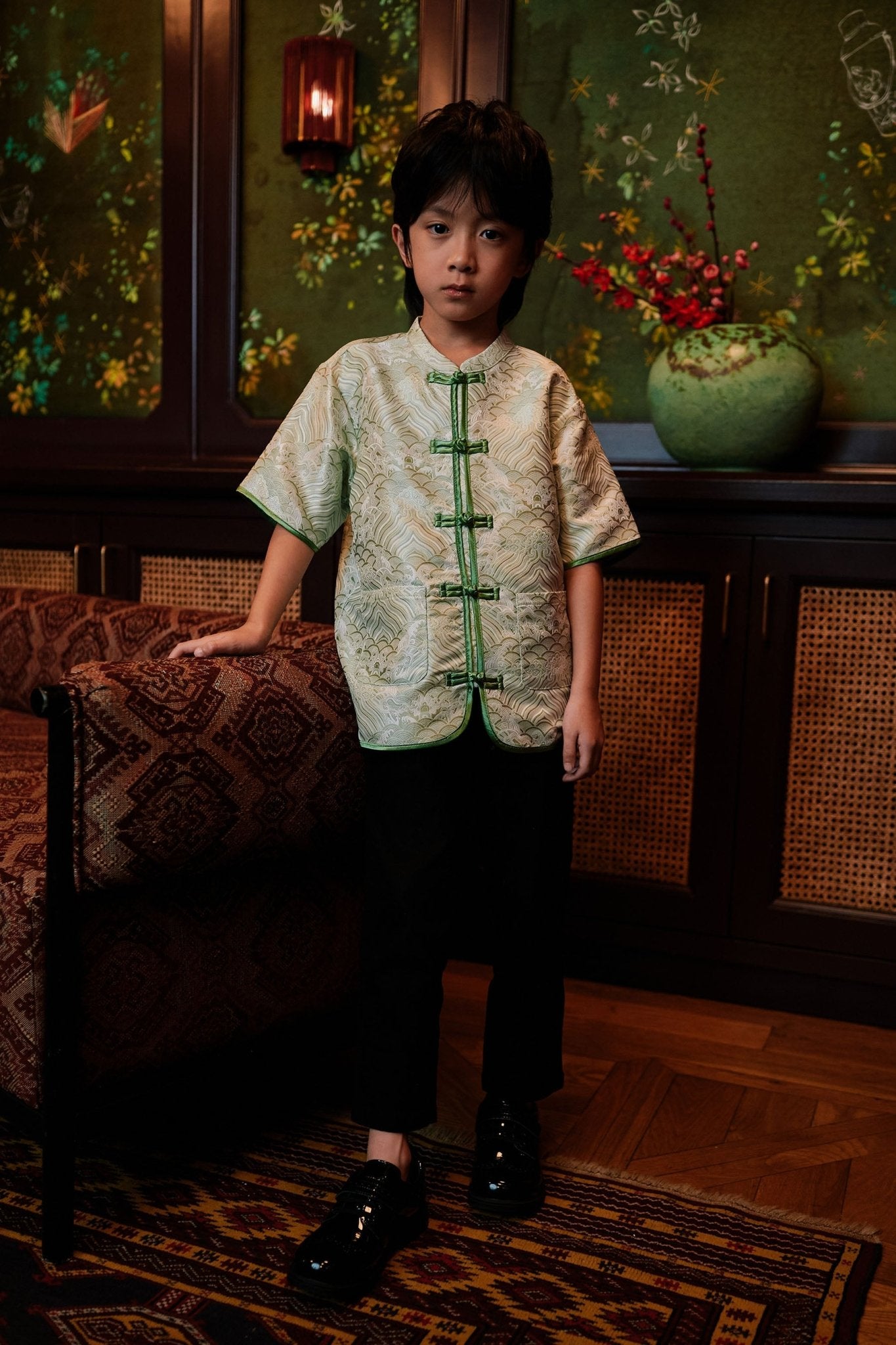 The Huā Collection Boy Short Sleeves Samfu in 韵 Cadence Jacquard Green - Umbi