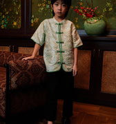The Huā Collection Boy Short Sleeves Samfu in 韵 Cadence Jacquard Green - Umbi