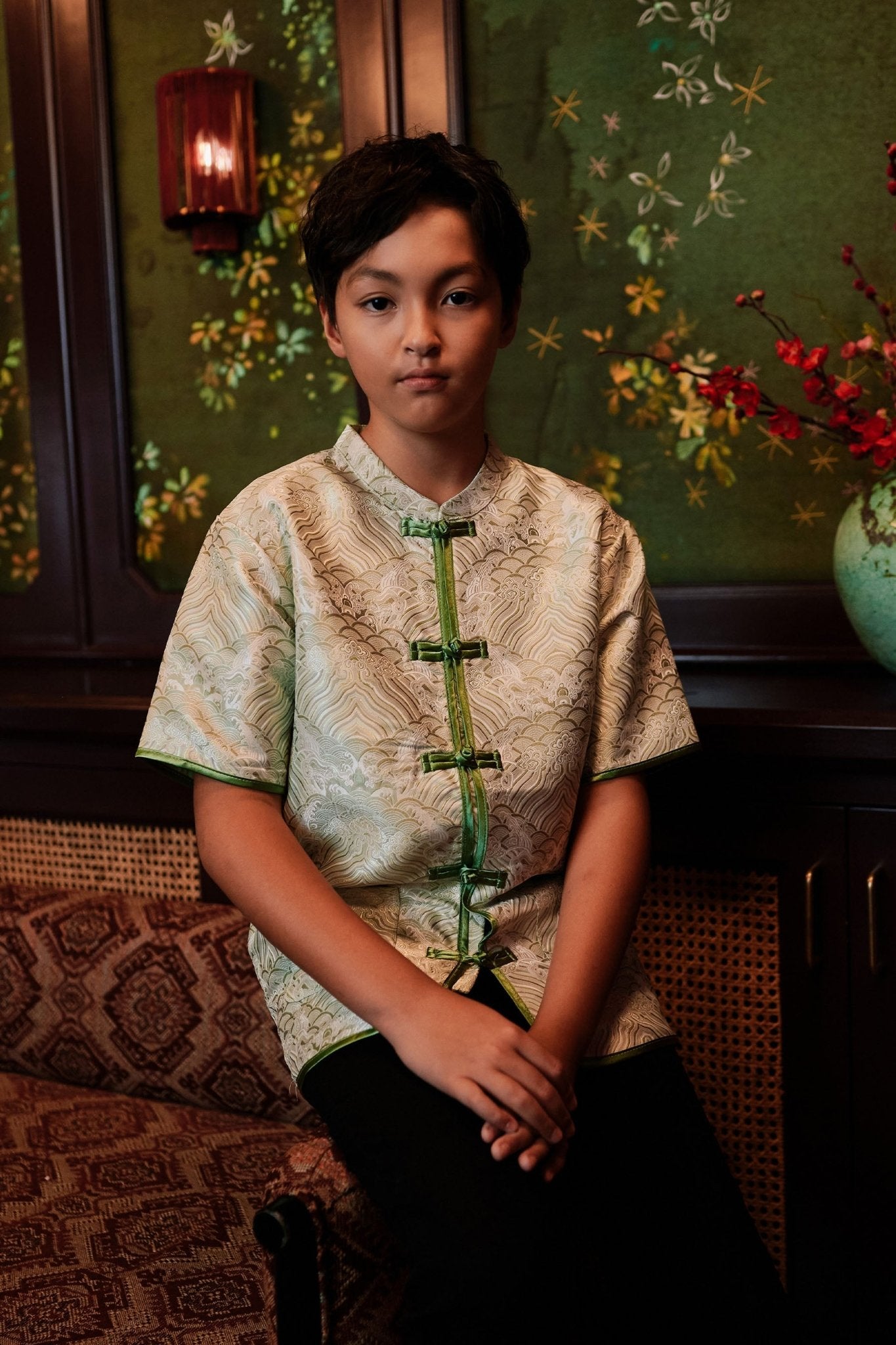The Huā Collection Boy Short Sleeves Samfu in 韵 Cadence Jacquard Green - Umbi