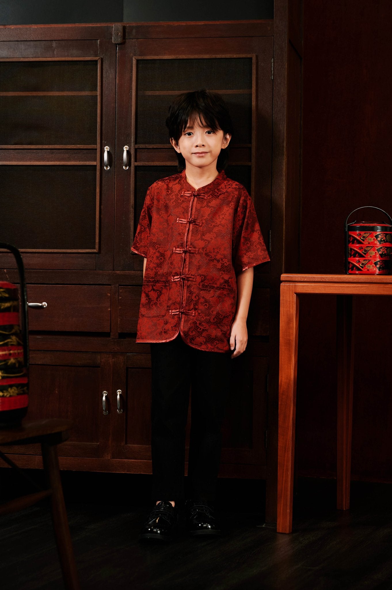 The Huā Collection Boy Short Sleeves Samfu in 韵 Cadence Jacquard Maroon - Umbi