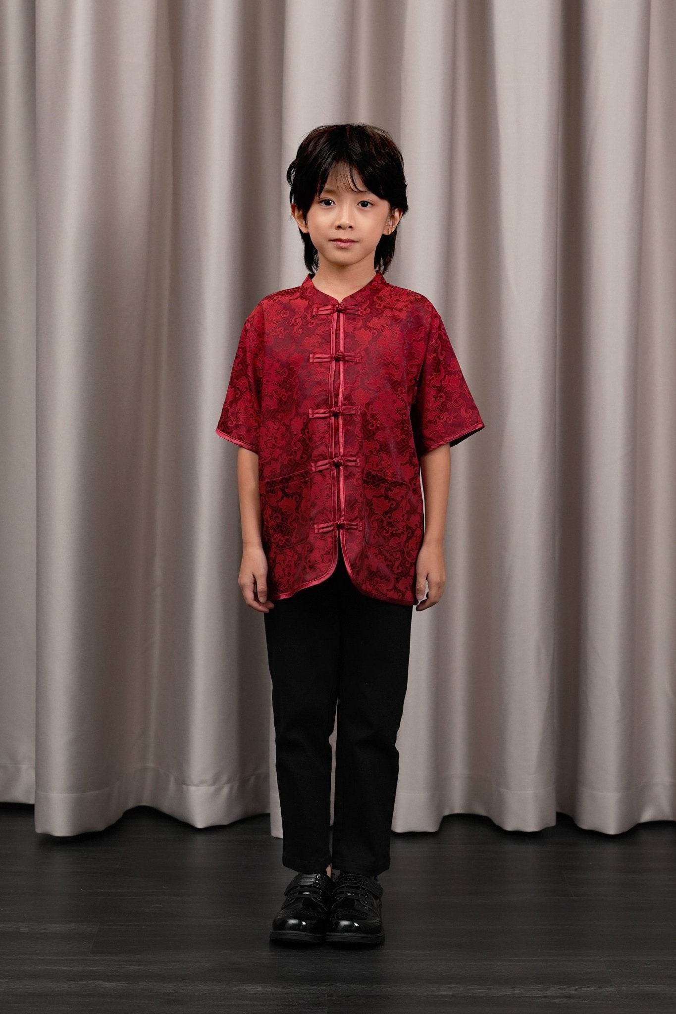 The Huā Collection Boy Short Sleeves Samfu in 韵 Cadence Jacquard Maroon - Umbi