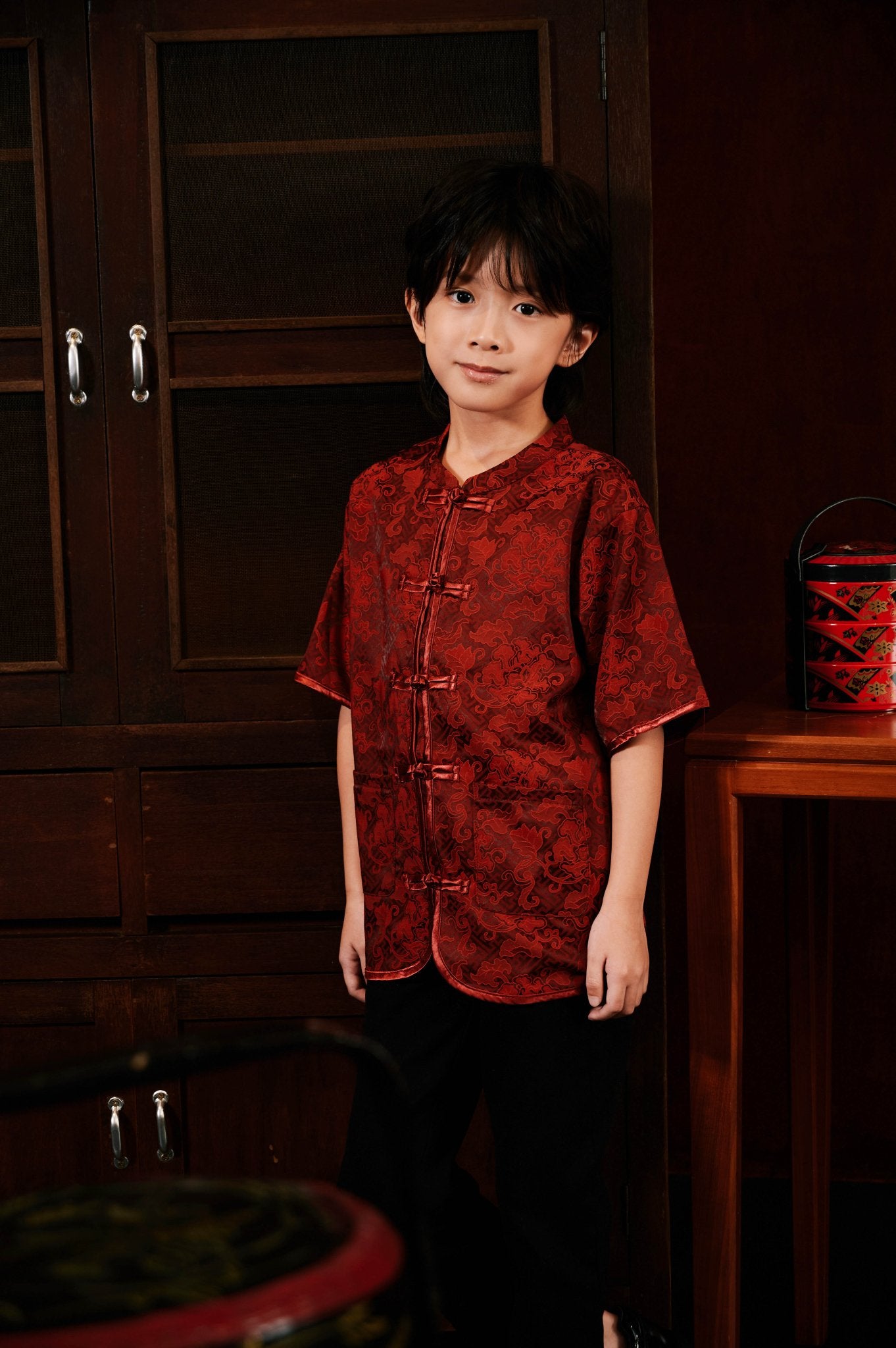 The Huā Collection Boy Short Sleeves Samfu in 韵 Cadence Jacquard Maroon - Umbi