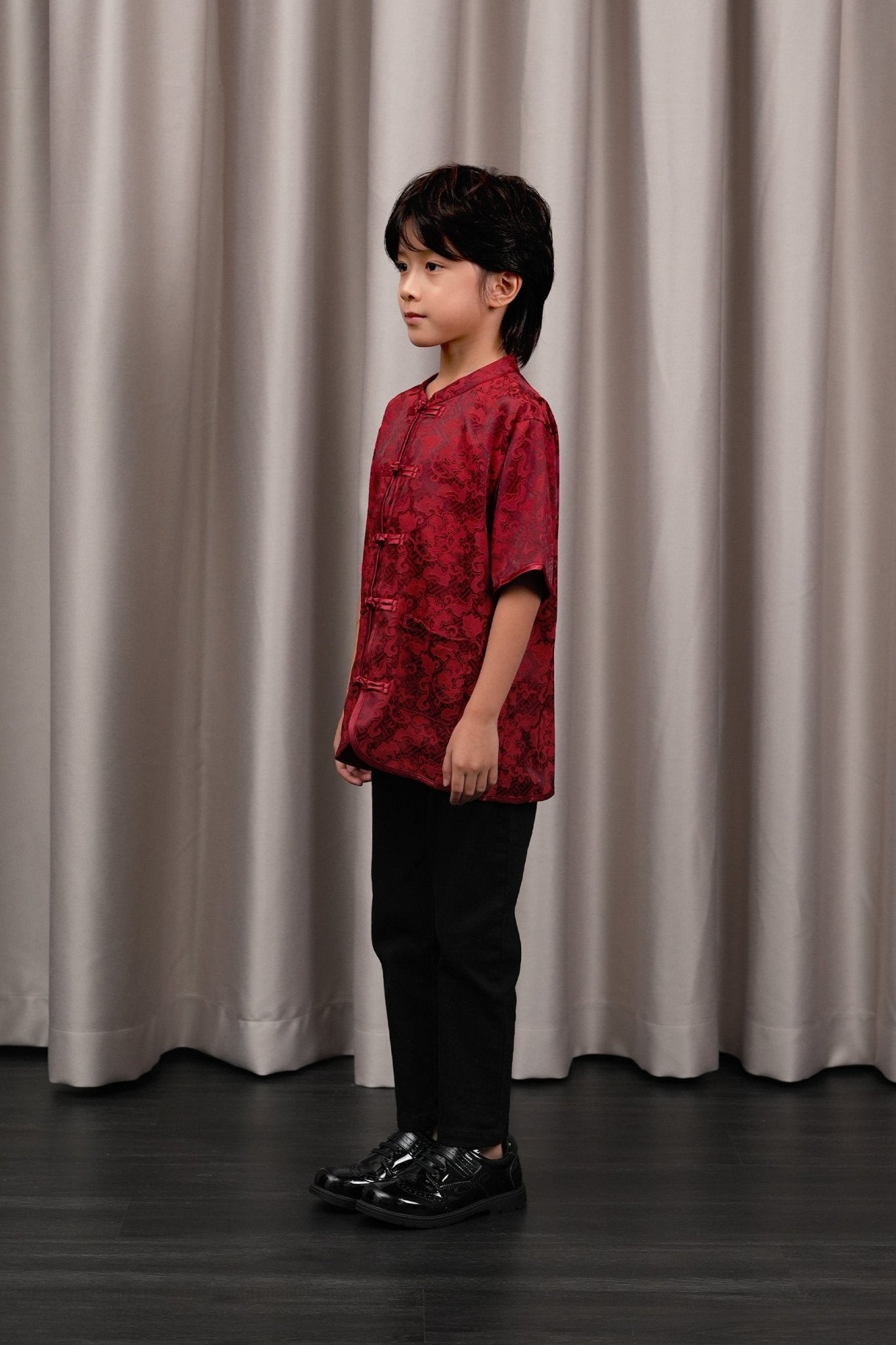 The Huā Collection Boy Short Sleeves Samfu in 韵 Cadence Jacquard Maroon - Umbi
