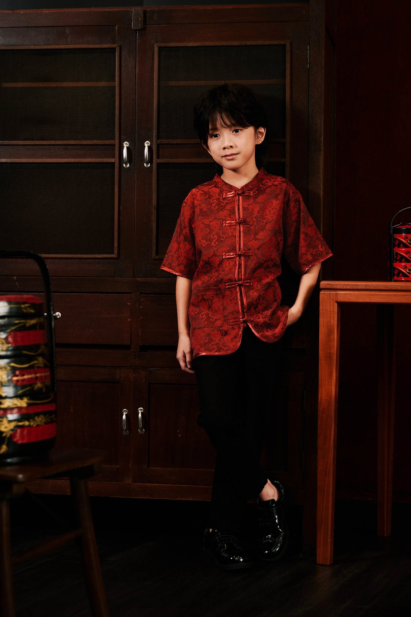 The Huā Collection Boy Short Sleeves Samfu in 韵 Cadence Jacquard Maroon - Umbi