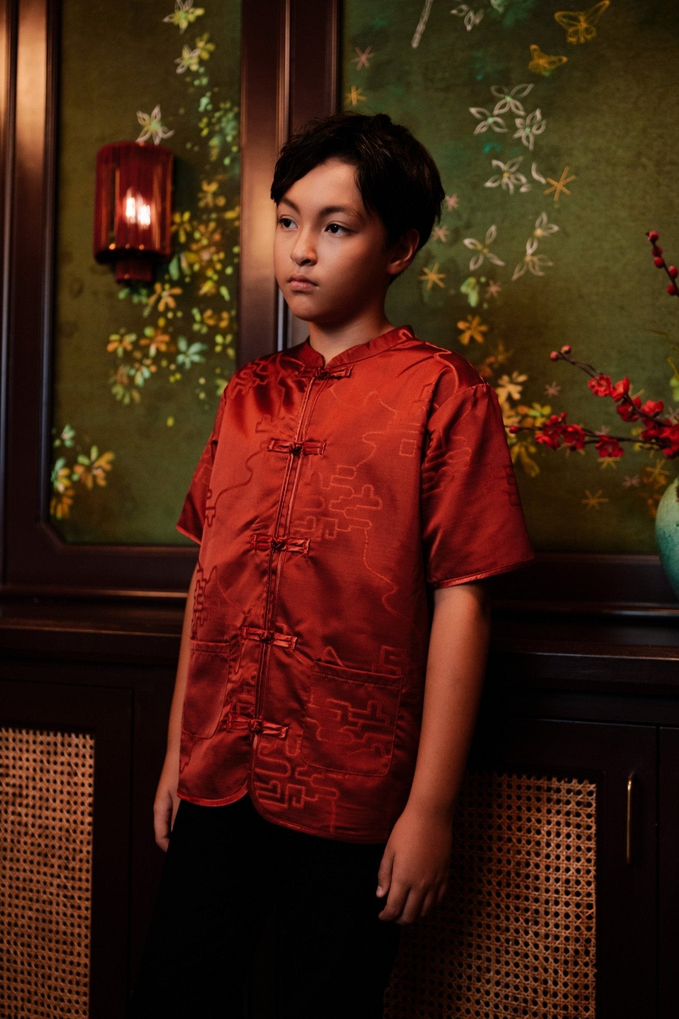 The Huā Collection Boy Short Sleeves Samfu in 韵 Cadence Jacquard Red - Umbi