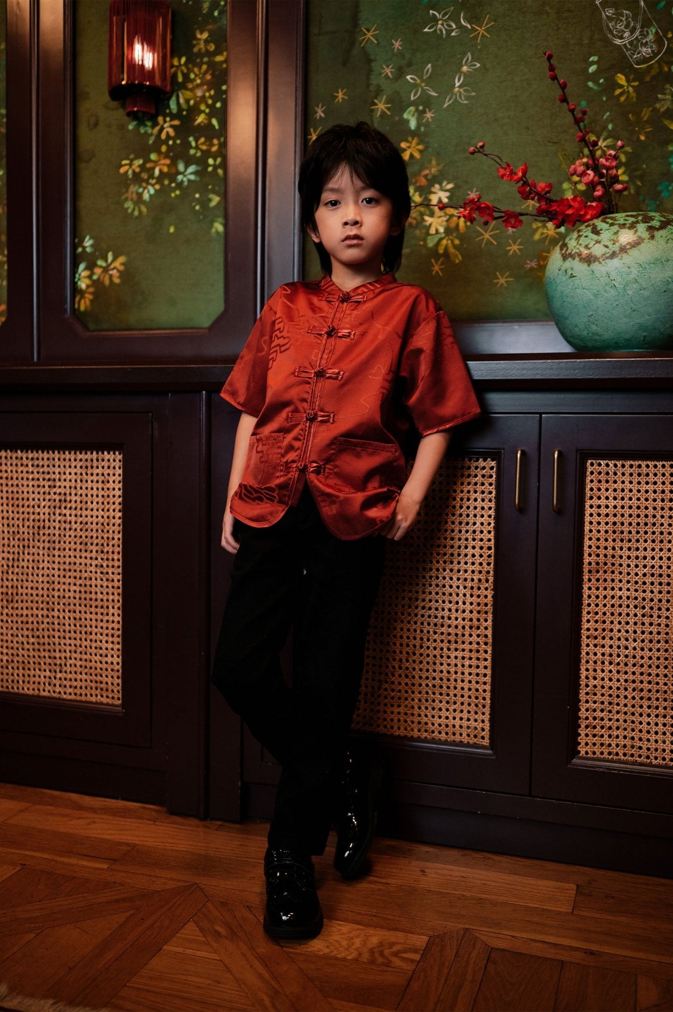 The Huā Collection Boy Short Sleeves Samfu in 韵 Cadence Jacquard Red - Umbi
