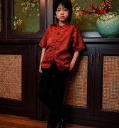 The Huā Collection Boy Short Sleeves Samfu in 韵 Cadence Jacquard Red - Umbi