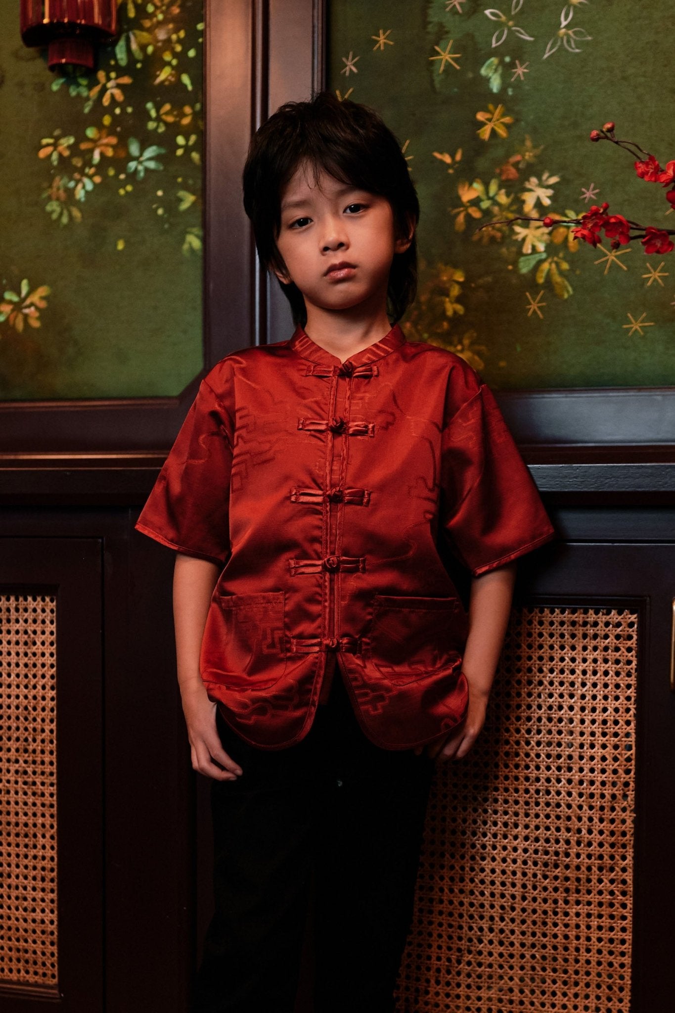 The Huā Collection Boy Short Sleeves Samfu in 韵 Cadence Jacquard Red - Umbi