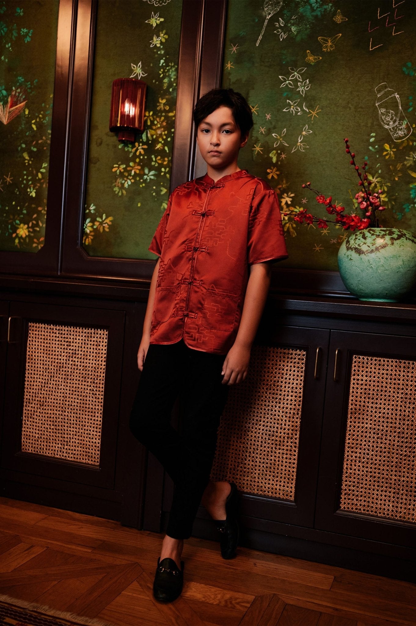 The Huā Collection Boy Short Sleeves Samfu in 韵 Cadence Jacquard Red - Umbi