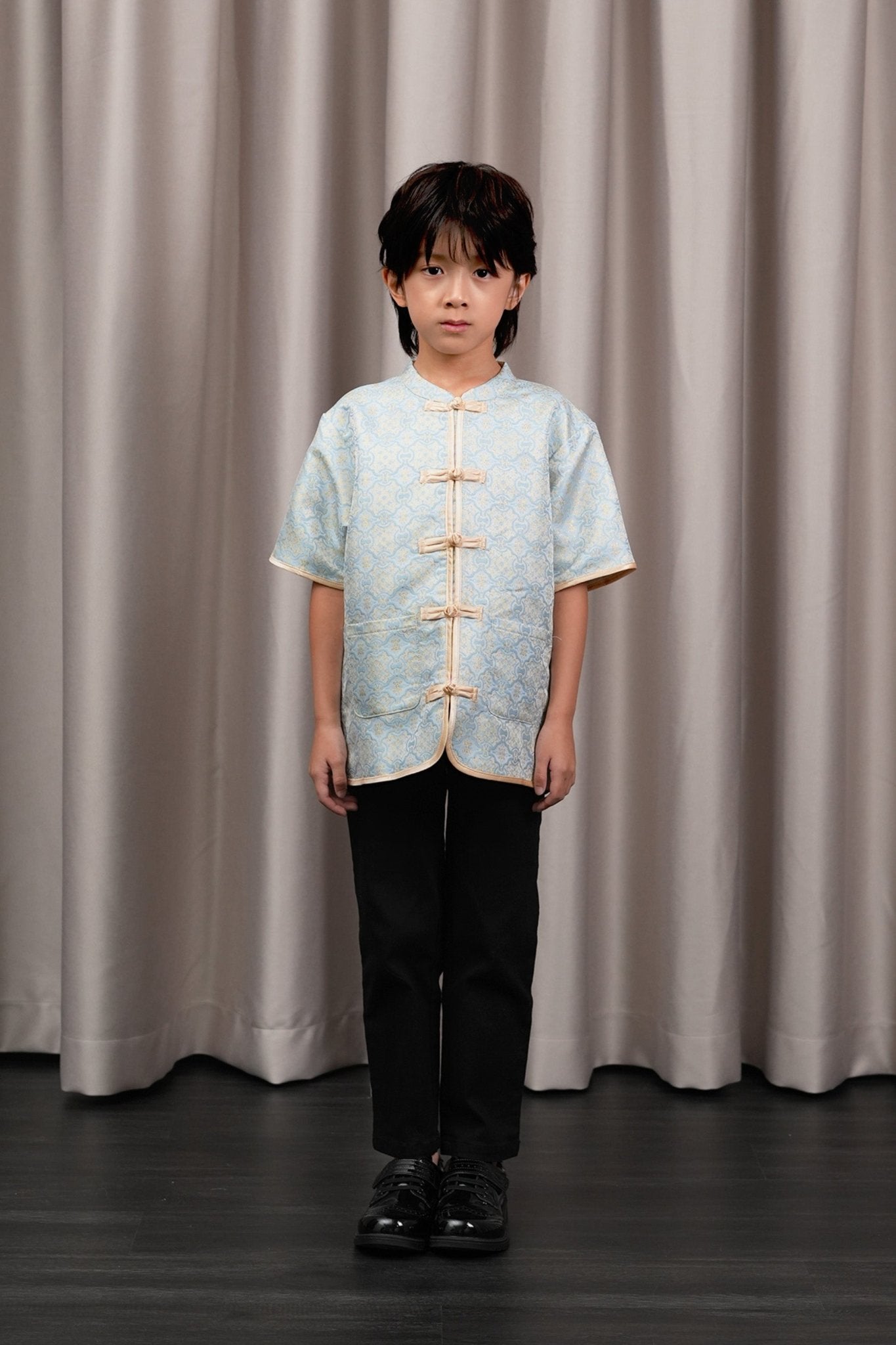 The Huā Collection Boy Short Sleeves Samfu in 韵 Cadence Jacquard Soft Blue - Umbi