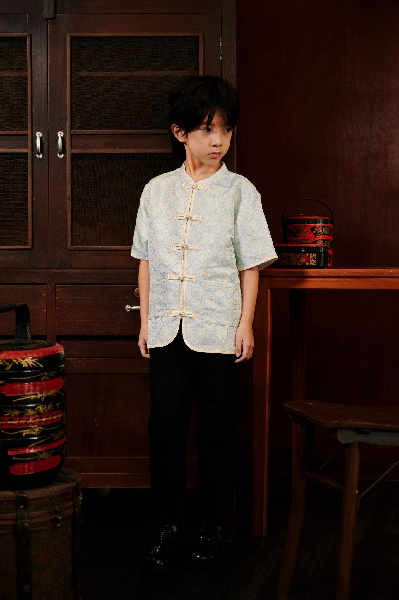 The Huā Collection Boy Short Sleeves Samfu in 韵 Cadence Jacquard Soft Blue - Umbi