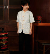 The Huā Collection Boy Short Sleeves Samfu in 韵 Cadence Jacquard Soft Blue - Umbi