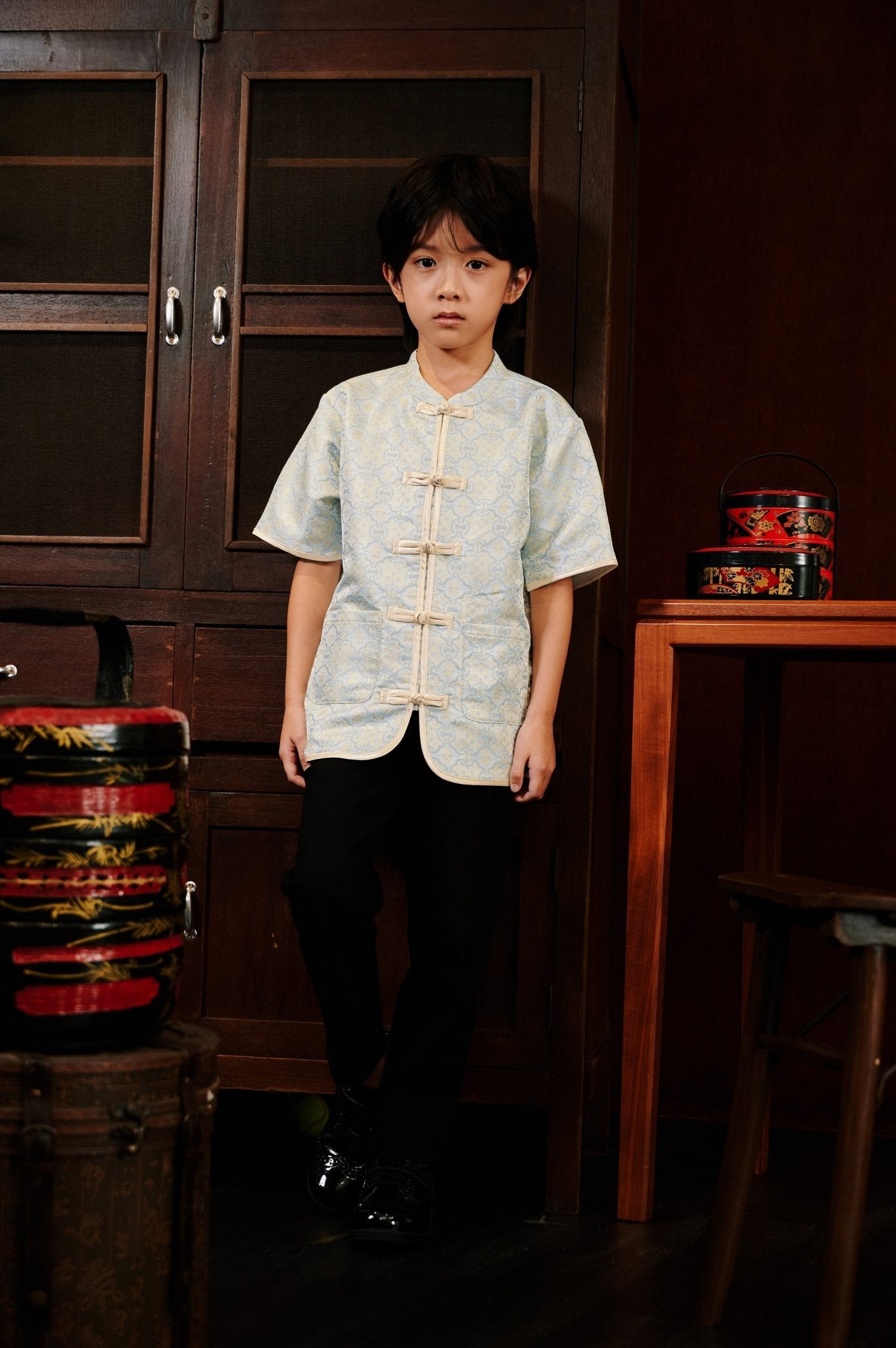 The Huā Collection Boy Short Sleeves Samfu in 韵 Cadence Jacquard Soft Blue - Umbi