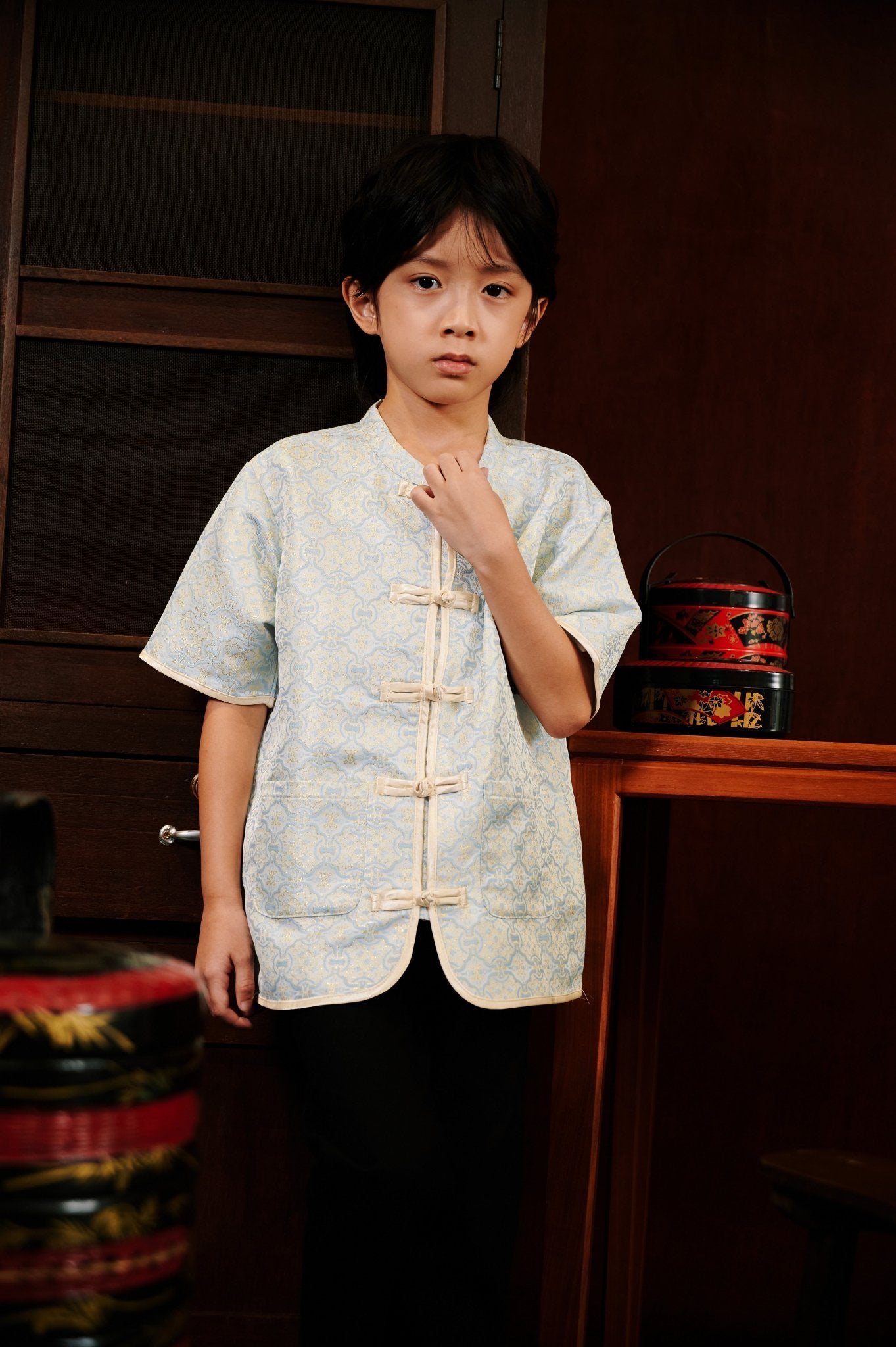 The Huā Collection Boy Short Sleeves Samfu in 韵 Cadence Jacquard Soft Blue - Umbi