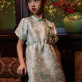 The Huā Collection Girl Puff Sleeves Cheongsam in 韵 Cadence Jacquard Green - Umbi