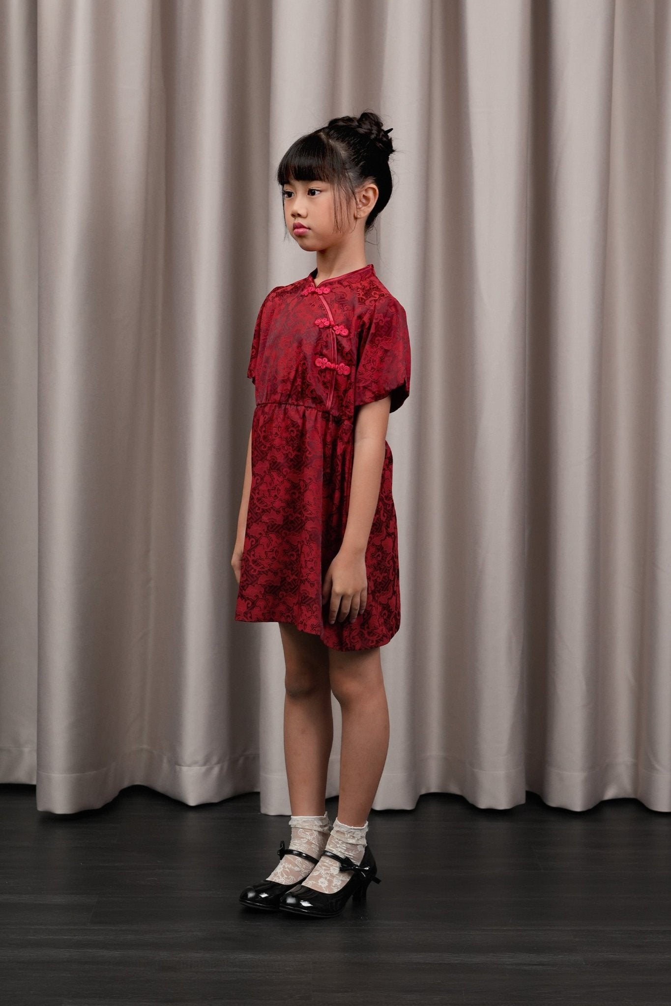 The Huā Collection Girl Puff Sleeves Cheongsam in 韵 Cadence Jacquard Maroon - Umbi
