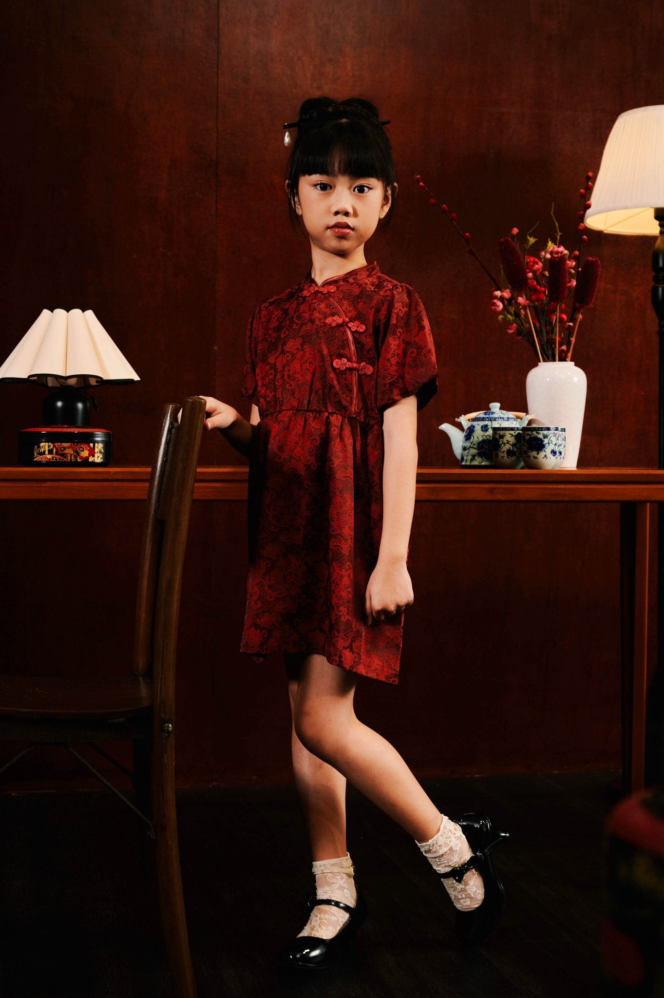 The Huā Collection Girl Puff Sleeves Cheongsam in 韵 Cadence Jacquard Maroon - Umbi