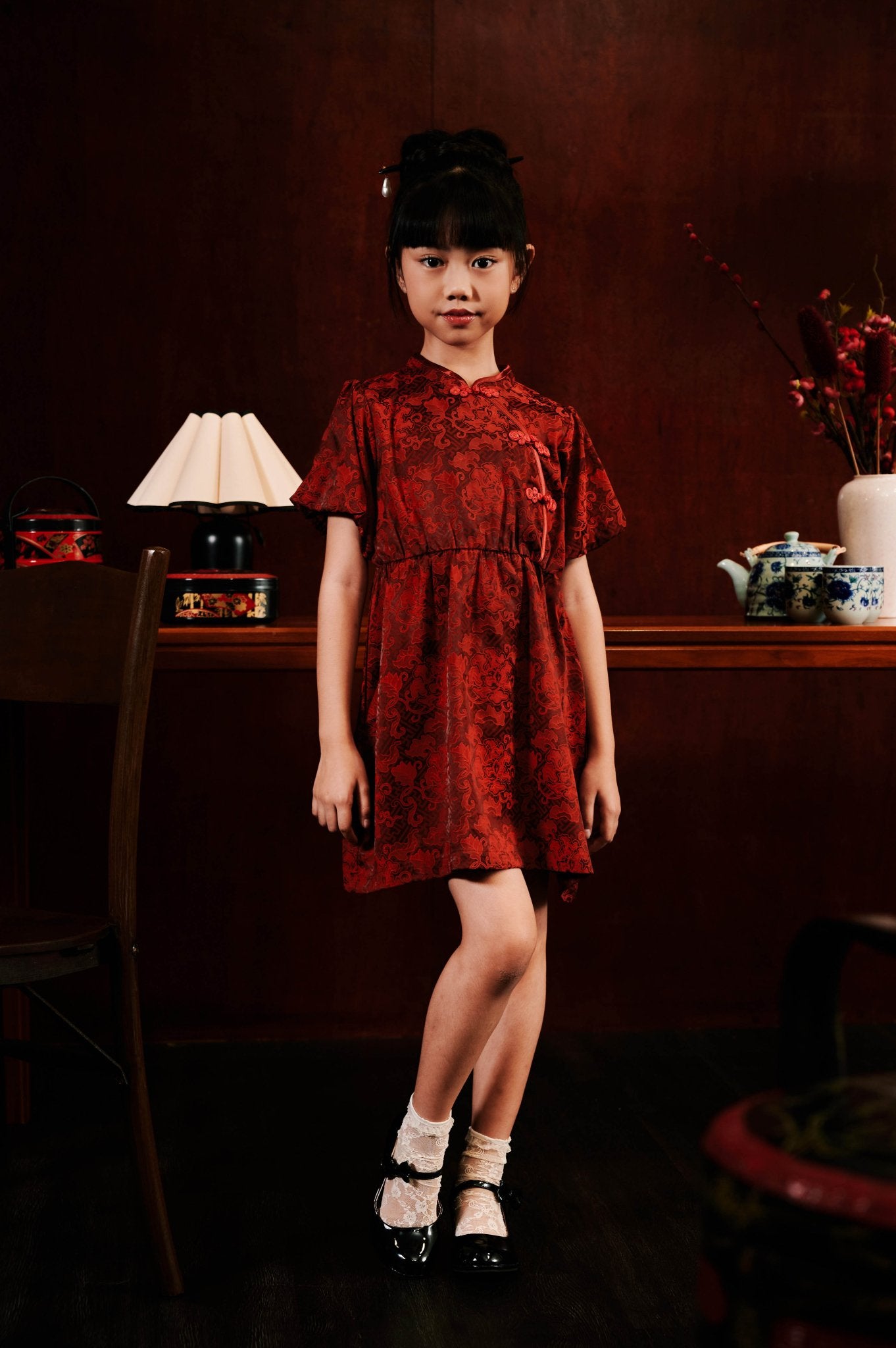 The Huā Collection Girl Puff Sleeves Cheongsam in 韵 Cadence Jacquard Maroon - Umbi