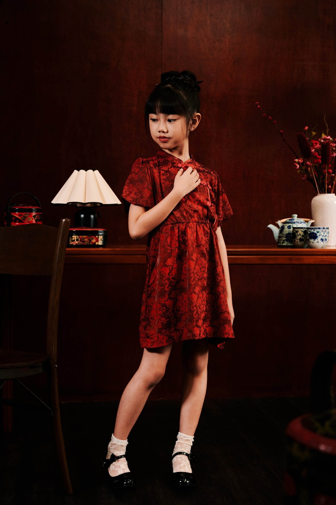 The Huā Collection Girl Puff Sleeves Cheongsam in 韵 Cadence Jacquard Maroon - Umbi