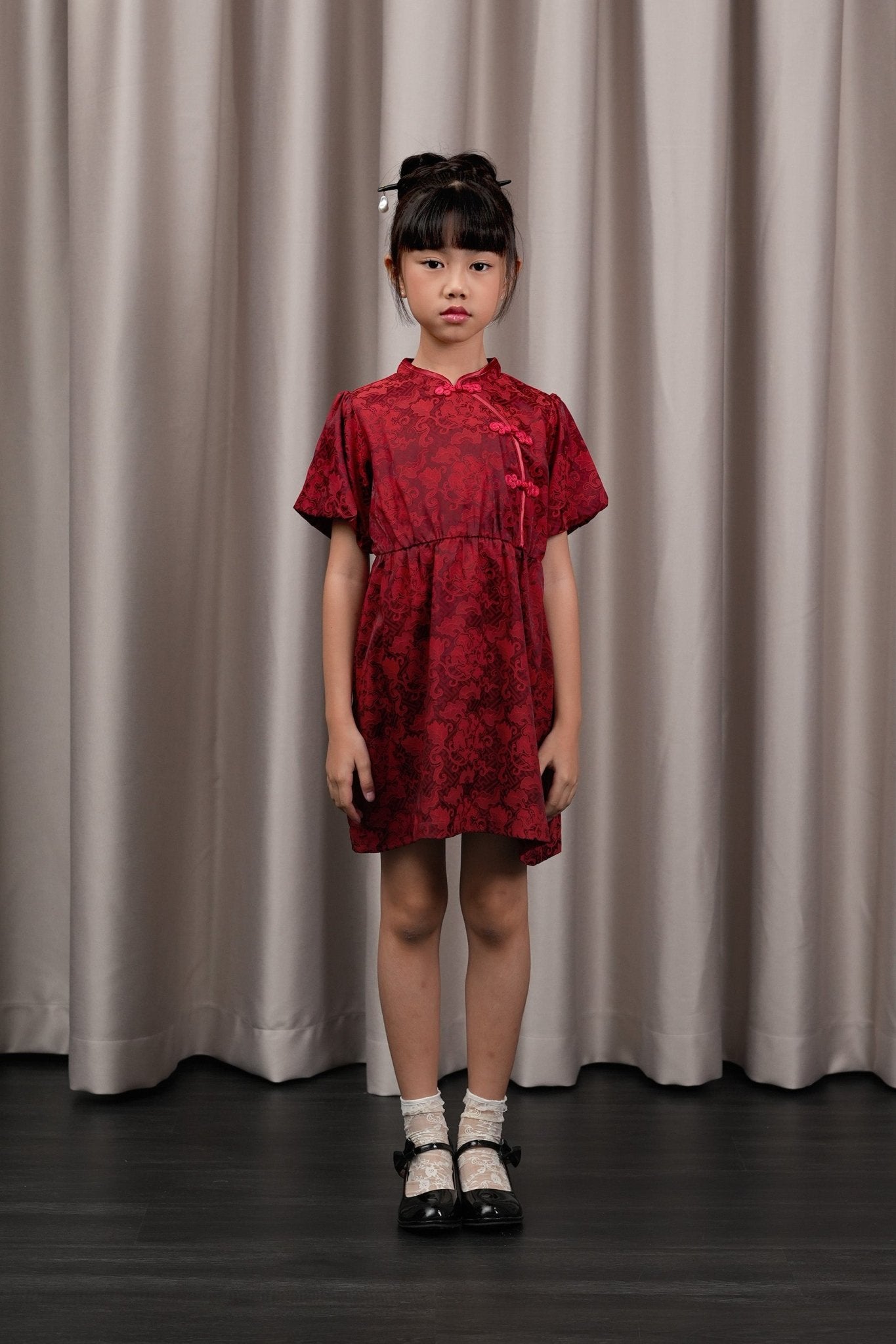 The Huā Collection Girl Puff Sleeves Cheongsam in 韵 Cadence Jacquard Maroon - Umbi