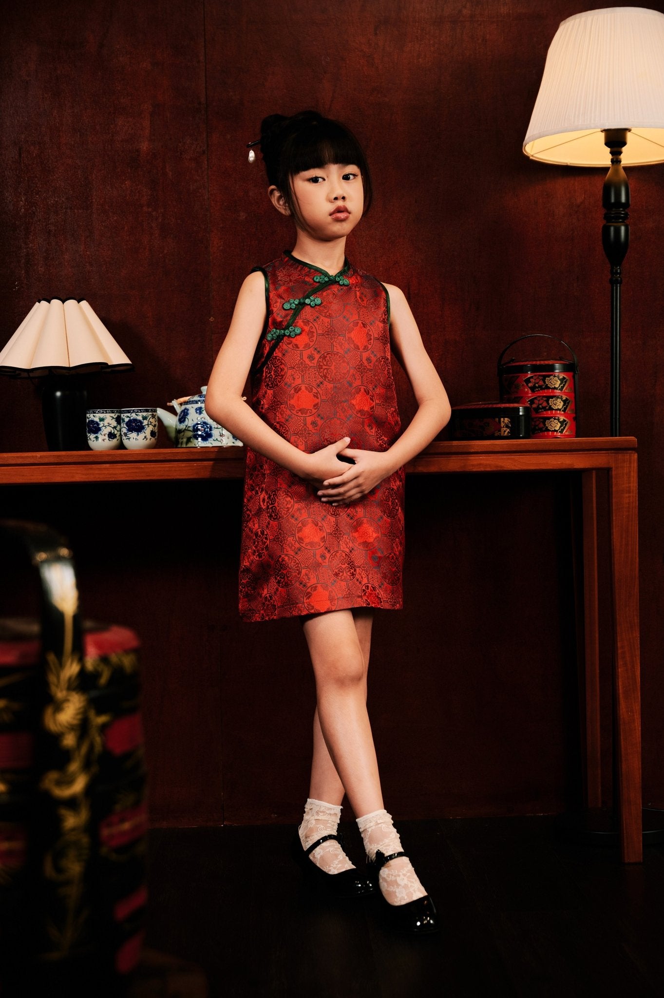 The Huā Collection Girl Sleeveless Cheongsam in 韵 Cadence Jacquard Dark Red - Umbi