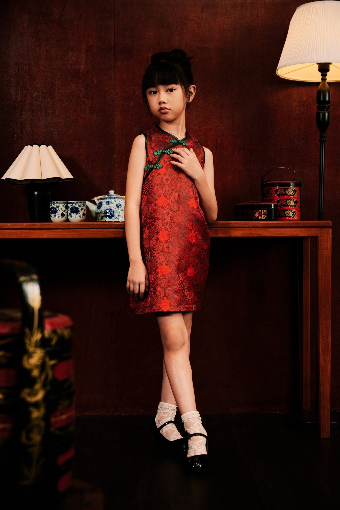 The Huā Collection Girl Sleeveless Cheongsam in 韵 Cadence Jacquard Dark Red - Umbi